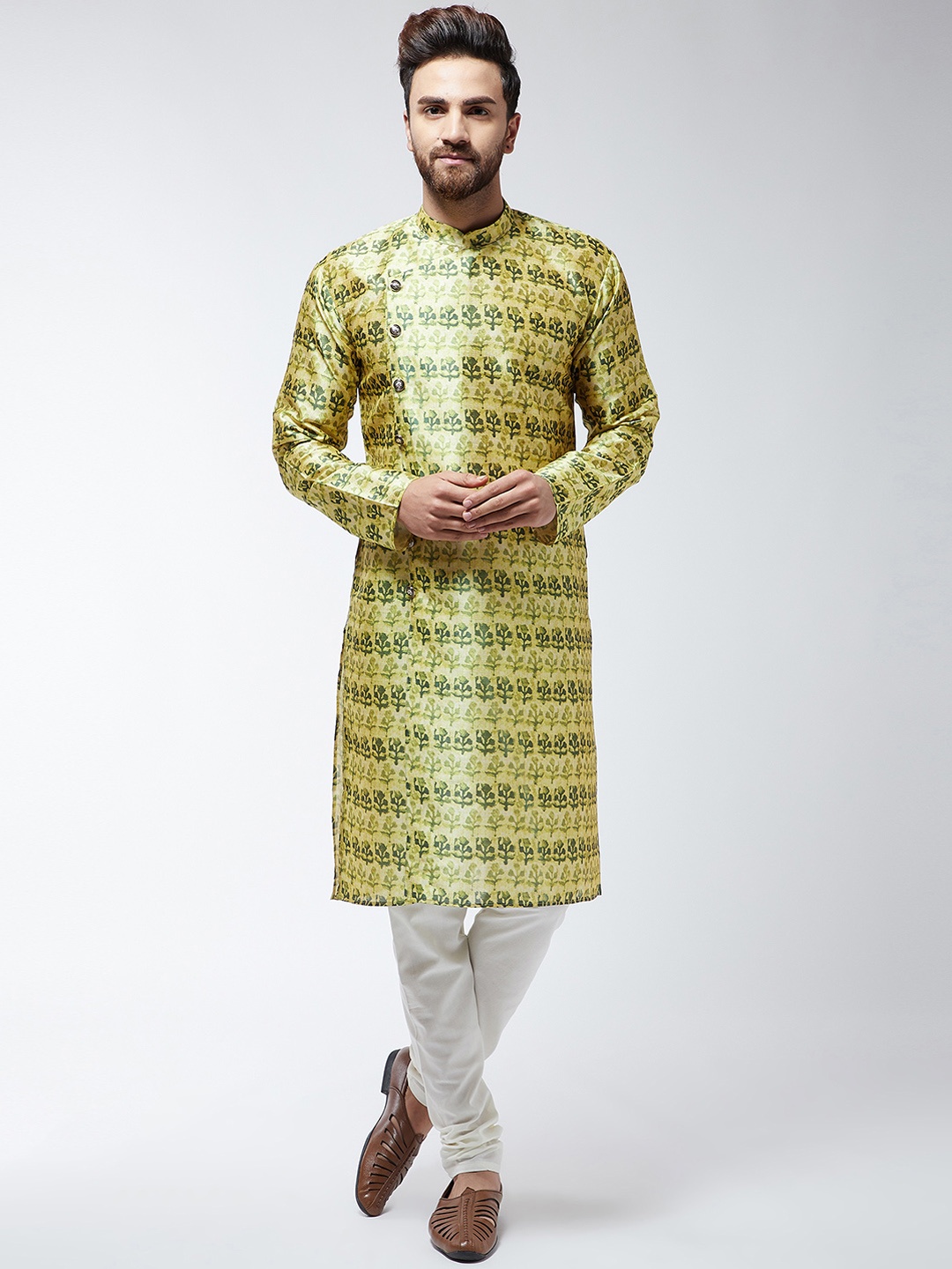 

SOJANYA Men Lime Green & Off-White Printed Kurta with Churidar
