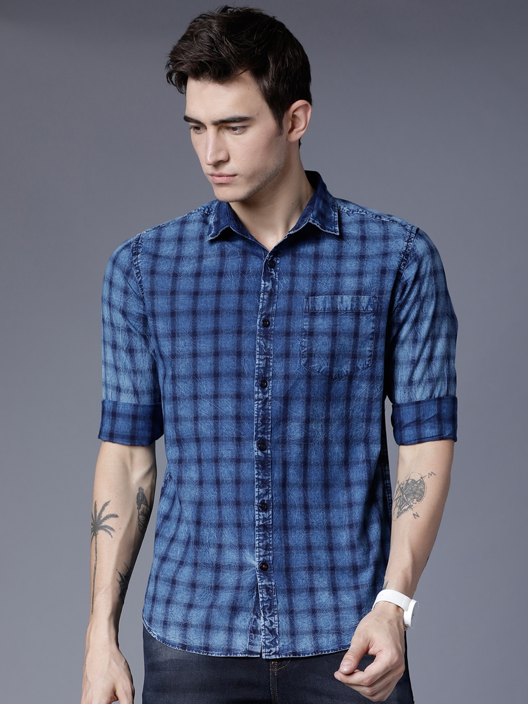 

HIGHLANDER Men Navy Blue Slim Fit Checked Casual Shirt