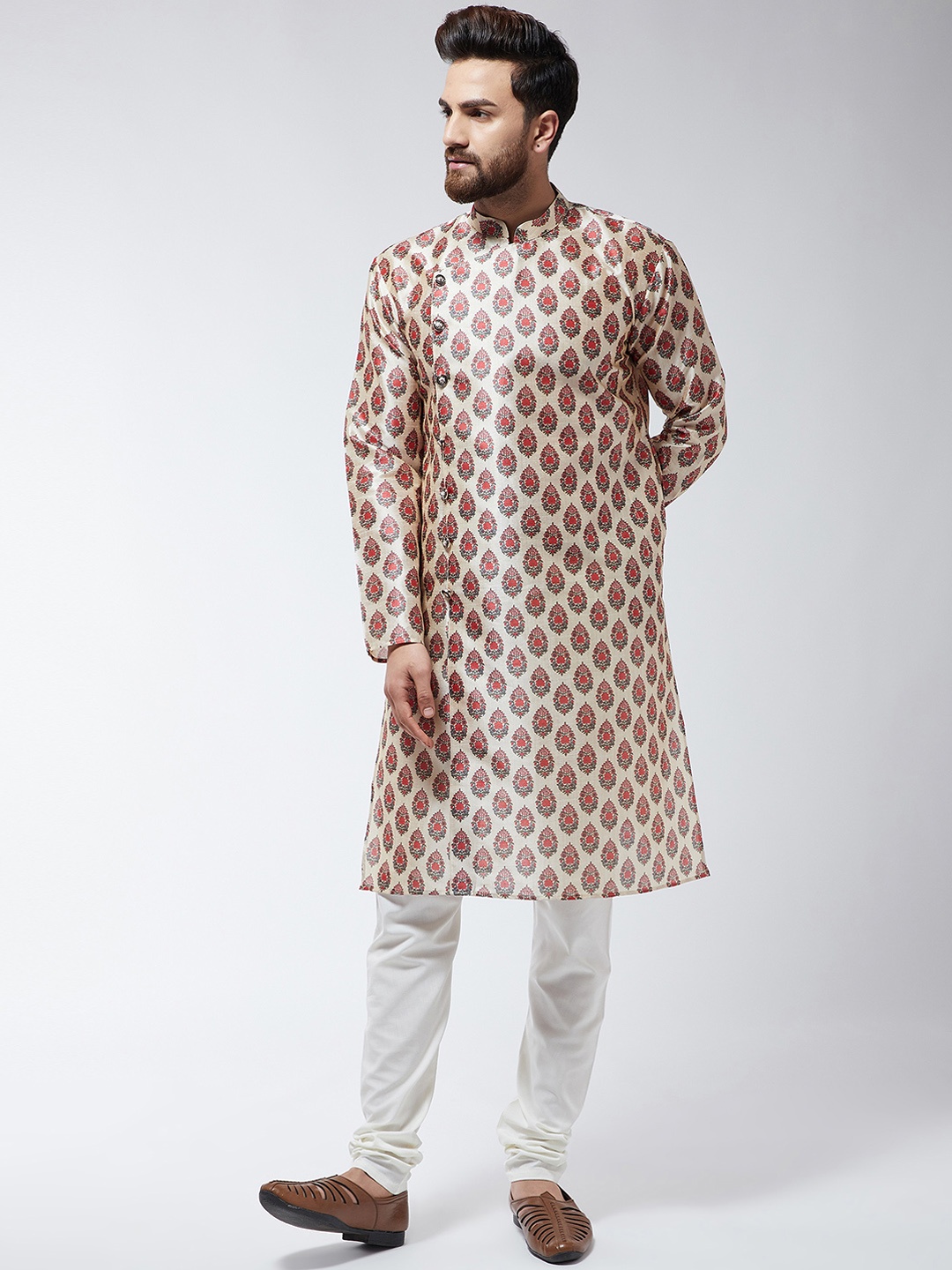 

SOJANYA Men Red & Beige Printed Kurta with Churidar