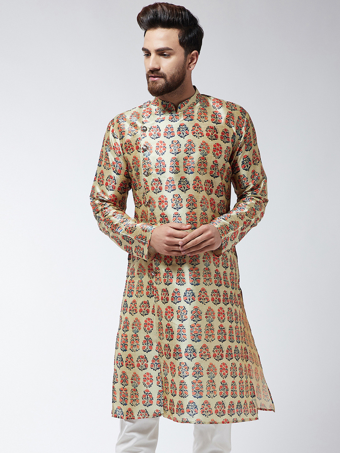 

SOJANYA Men Beige & Orange Printed Straight Kurta