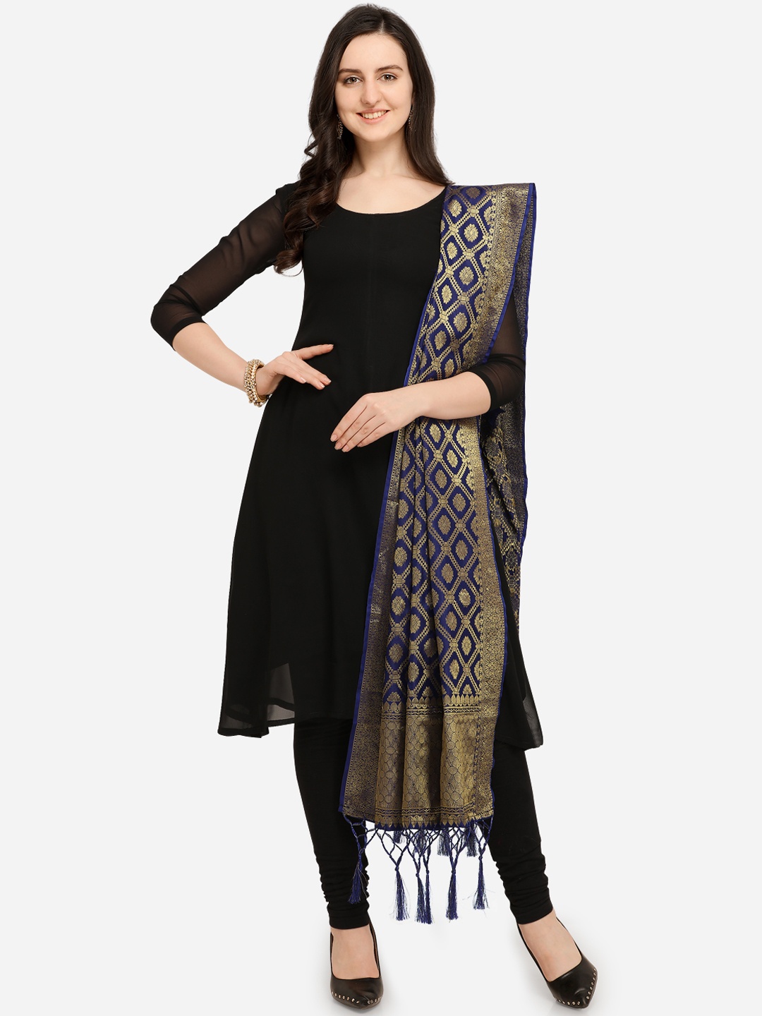 

Blissta Navy Blue & Gold-Toned Woven Design Dupatta