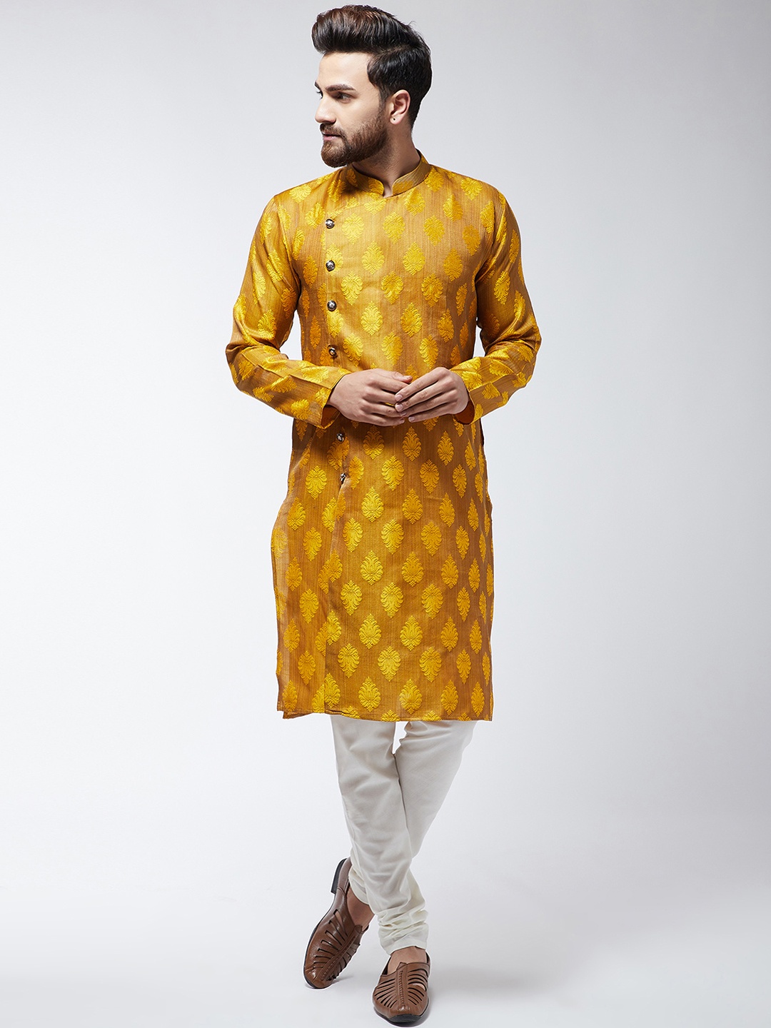 

SOJANYA Men Mustard Yellow Self Design Kurta with Churidar