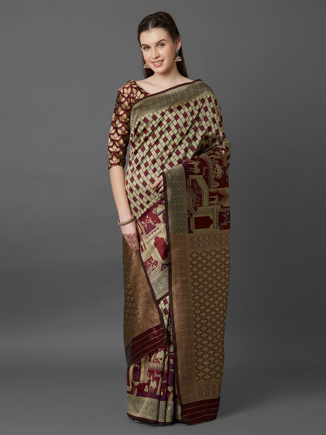 

Mitera Beige & Maroon Silk Blend Printed Banarasi Saree