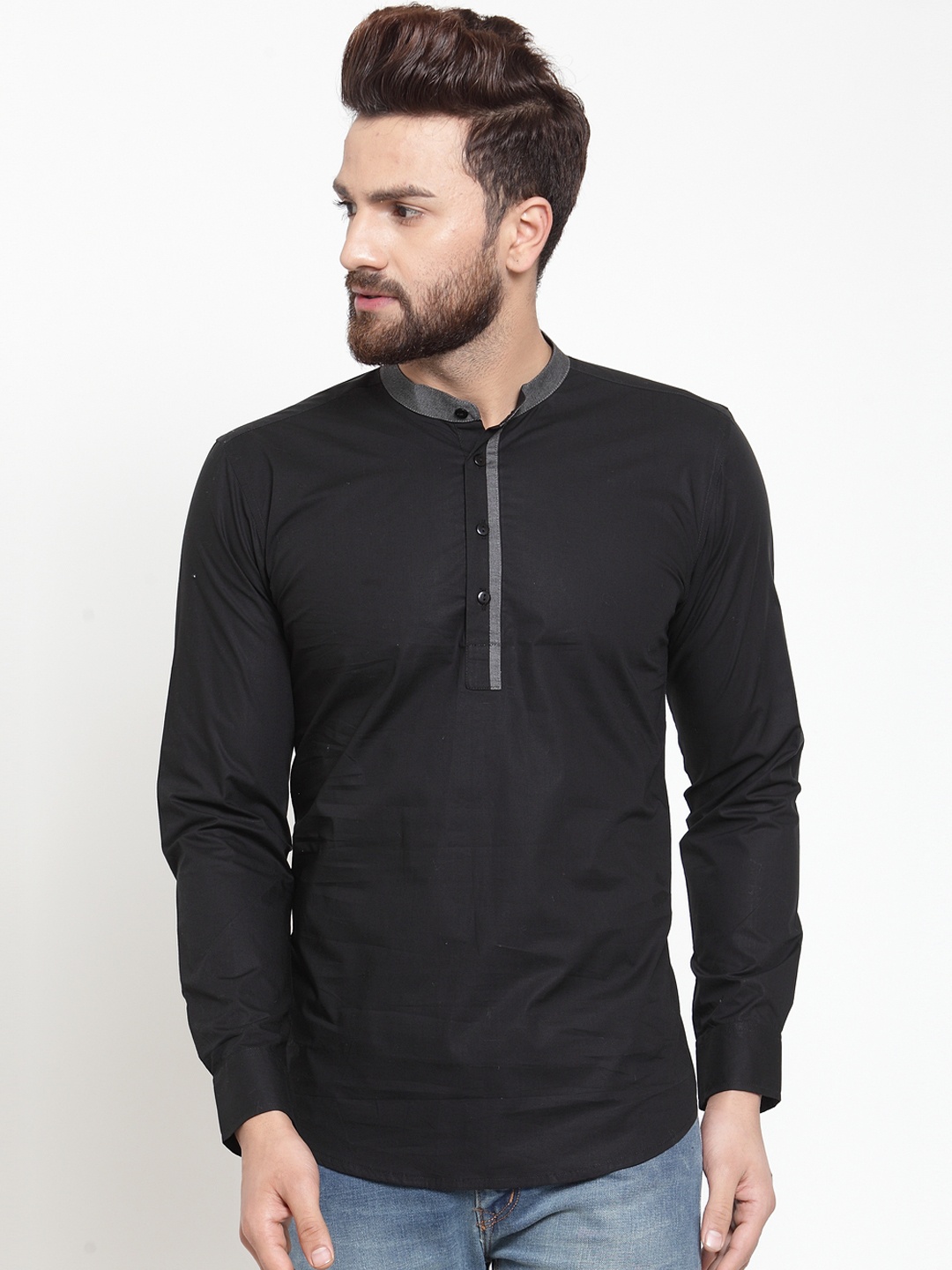 Purple State Men Black Solid Straight Kurta