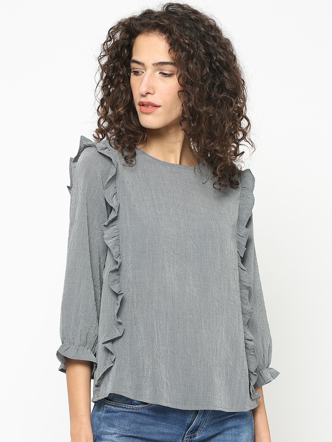 

Gipsy Women Grey Checked A-Line Pure Cotton Top