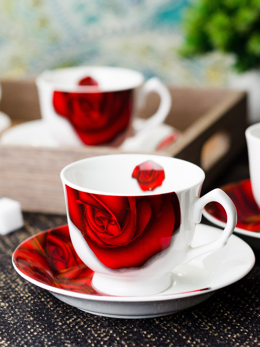 

SONAKI White & Red Set of 12 Printed Bone China Cups and Saucers