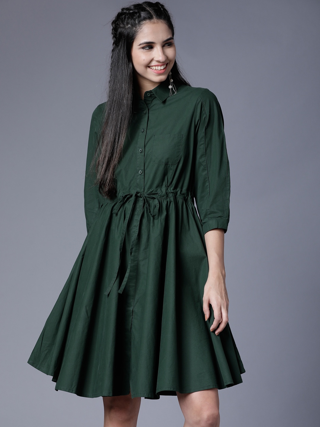 

Tokyo Talkies Women Green Solid Fit and Flare Dress