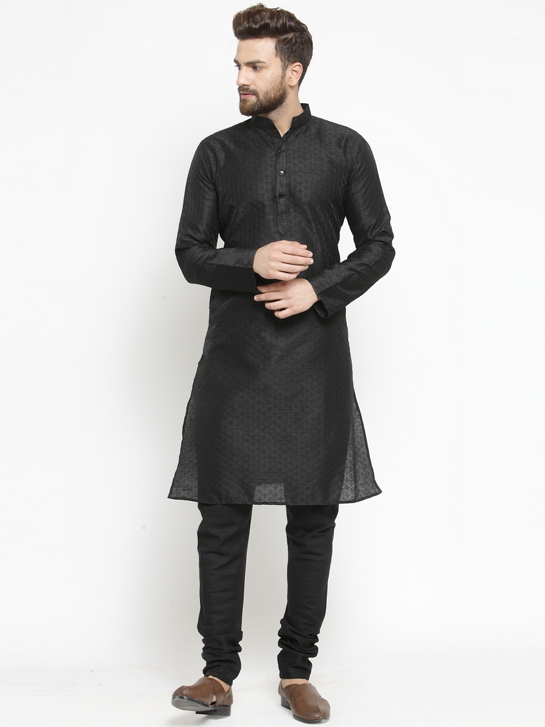 TREEMODA Men Black Self Design Brocade Kurta with Pyjamas