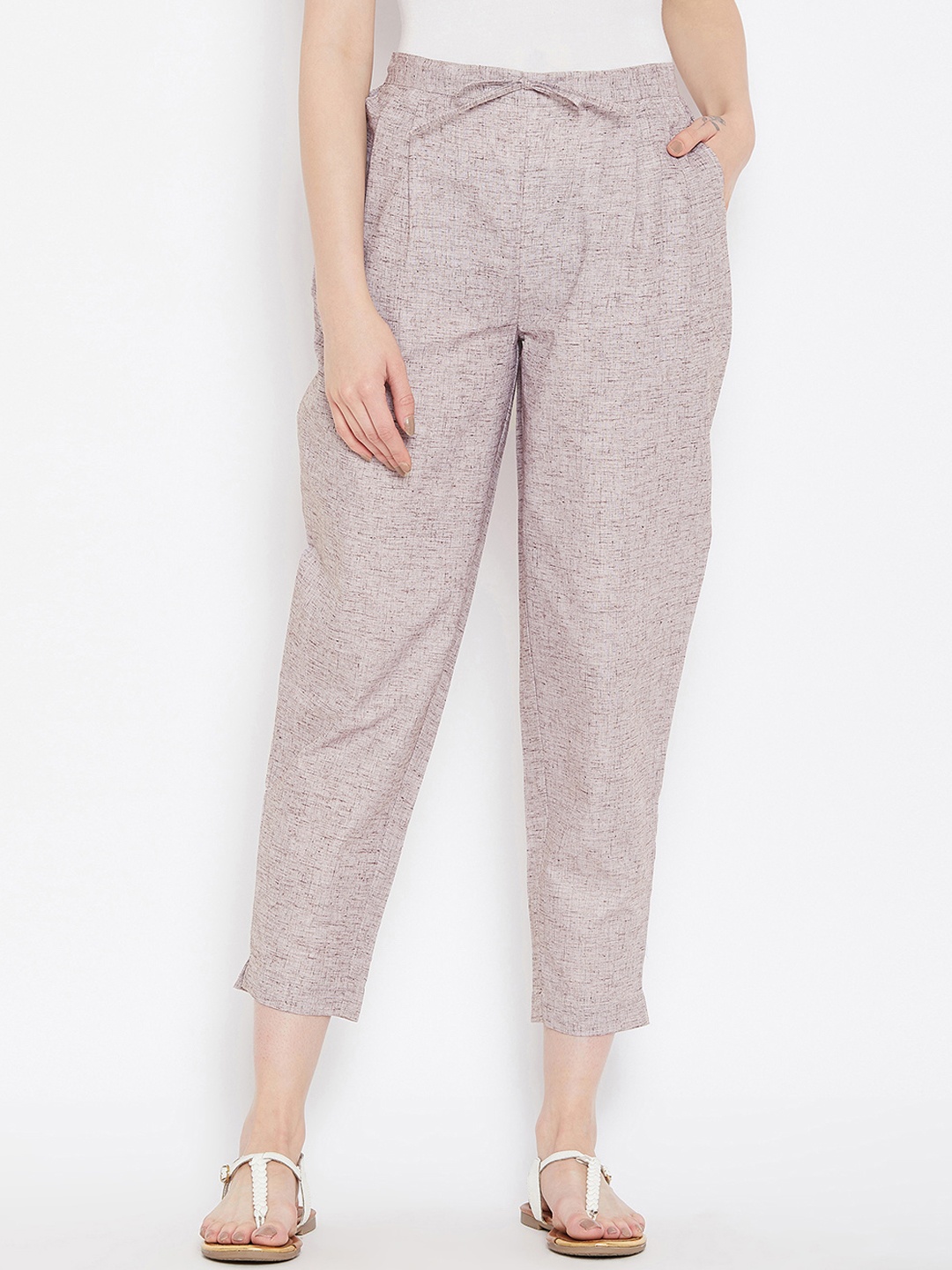 

Bitterlime Women Grey Relaxed Regular Fit Self Design Peg Trousers