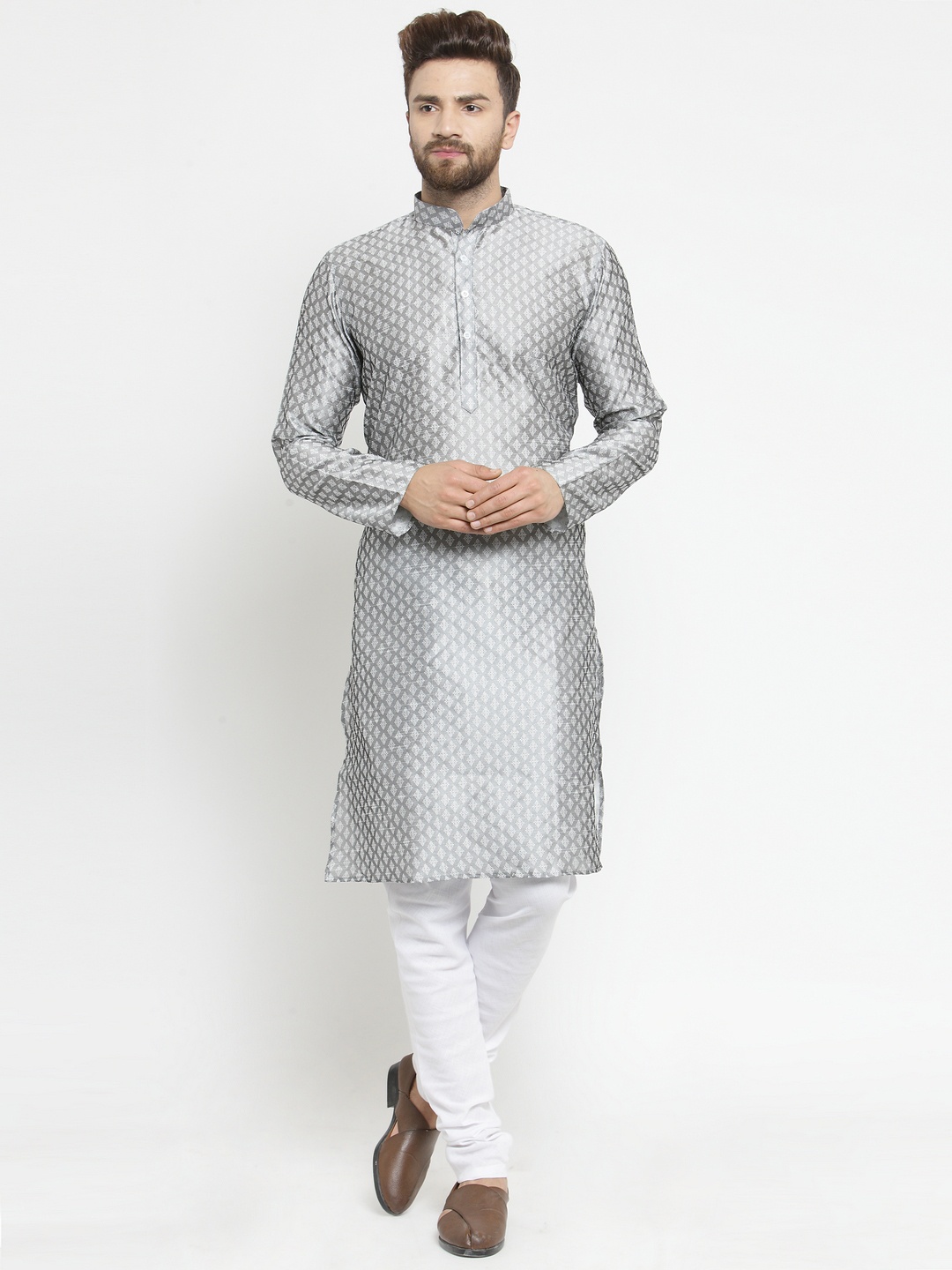 

TREEMODA Men Grey & White Self Design Kurta with Pyjamas