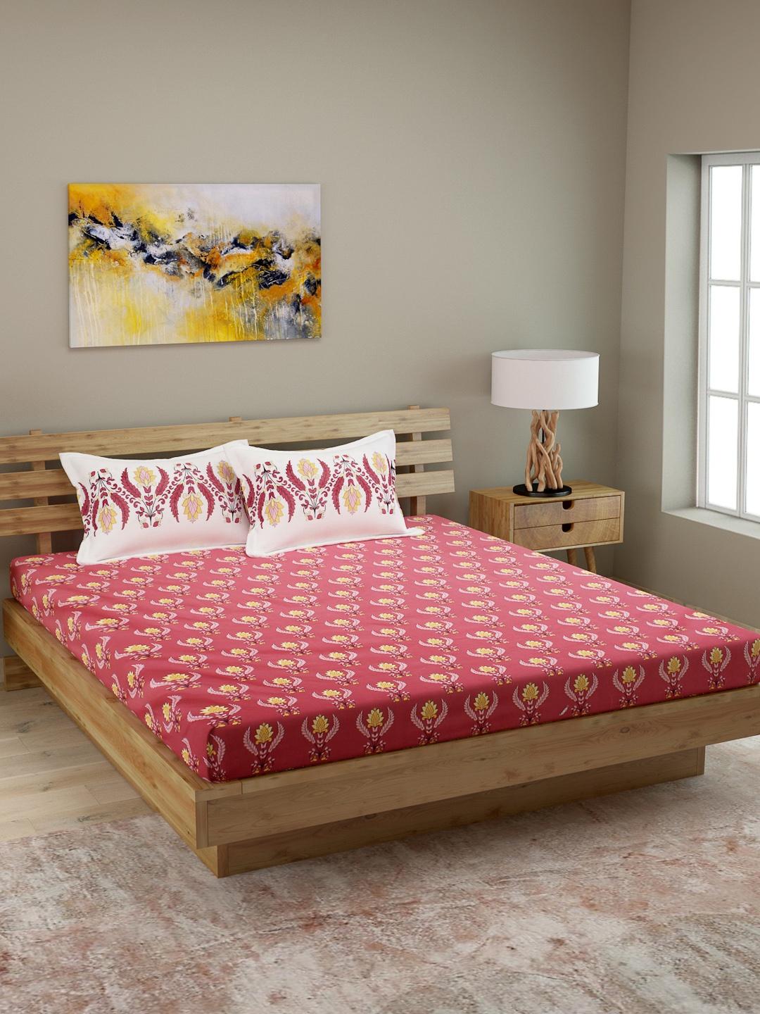 

ROMEE Red Floral 144 TC Cotton 1 Queen Bedsheet with 2 Pillow Covers