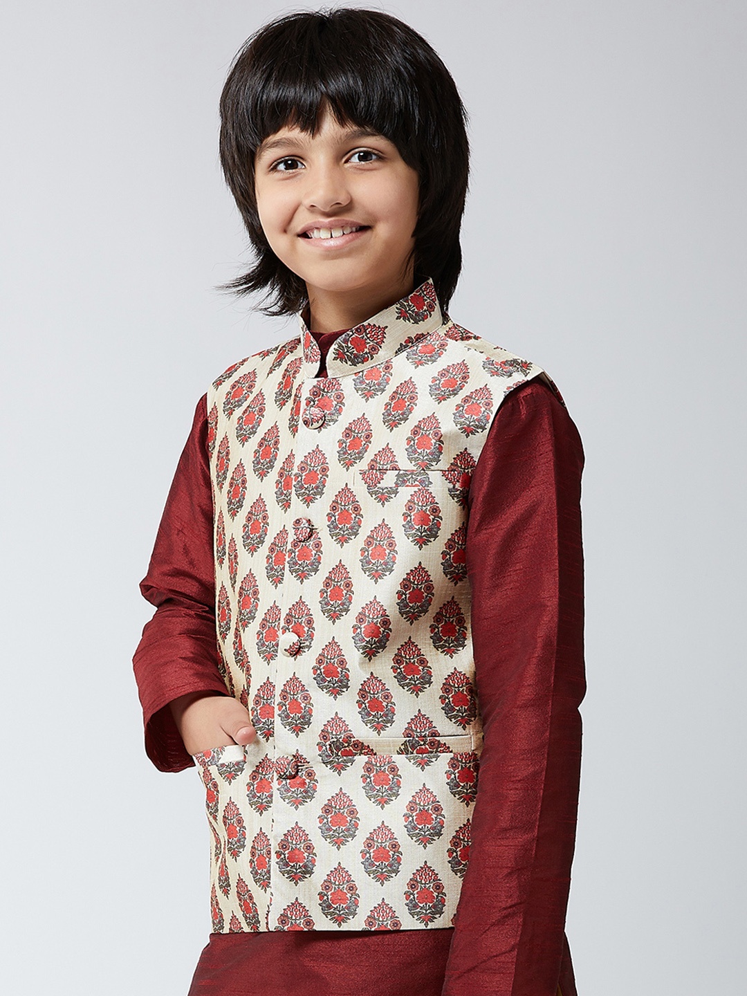 

SOJANYA Boys Red & Beige Printed Nehru Jacket