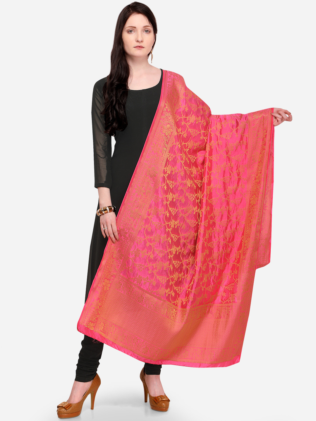 

mf Women Pink Woven Design Banarasi Silk Dupatta