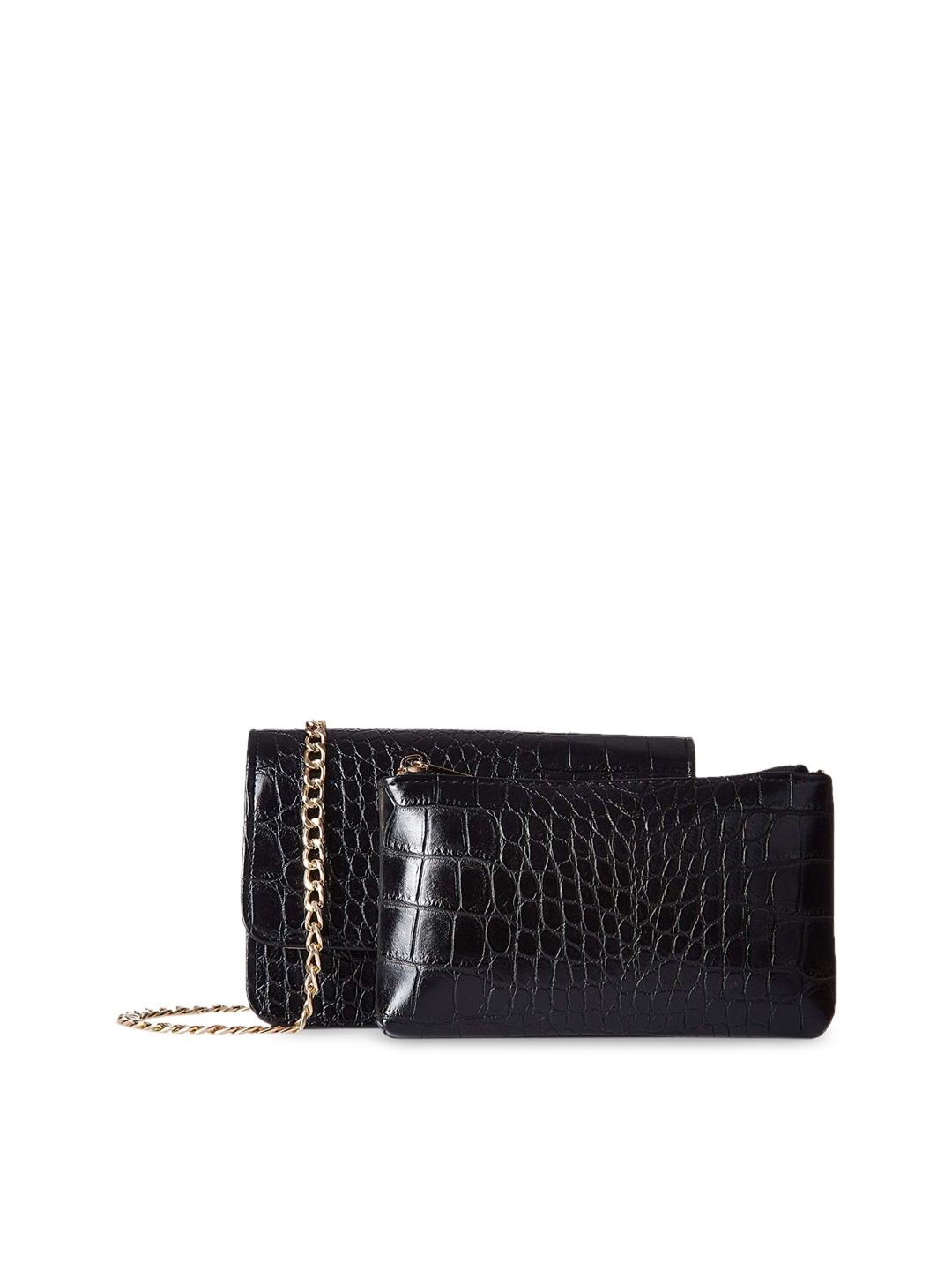 

GIO COLLECTION Black Textured Genuine Leather Sling Bag With Pouch