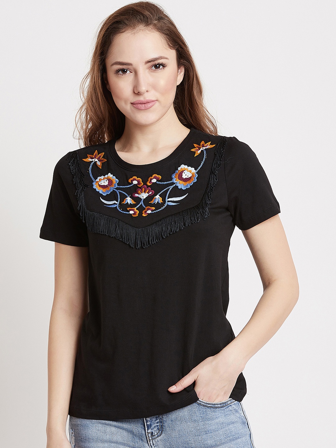 

COVER STORY Women Black Embroidered Round Neck T-shirt