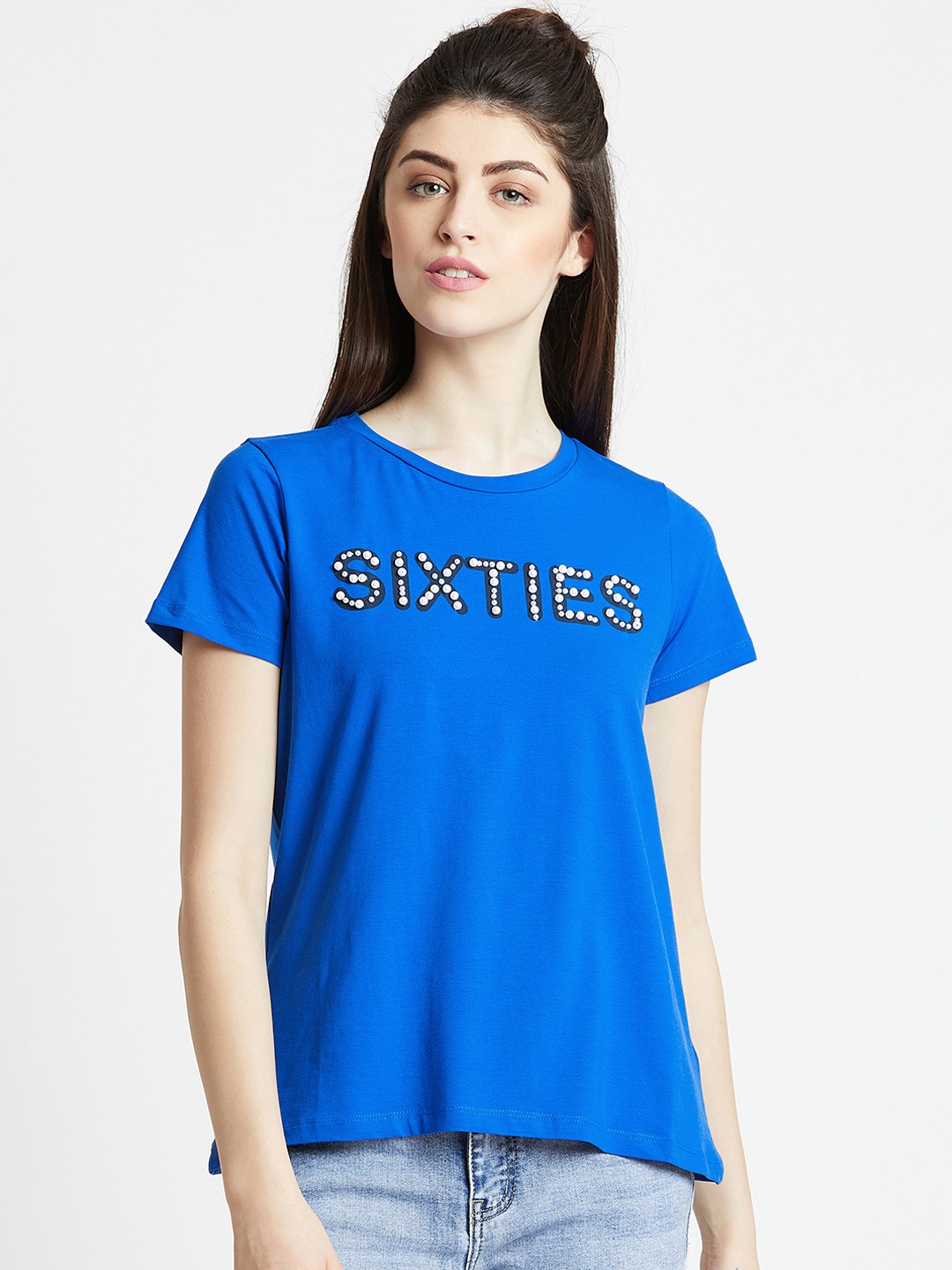 

COVER STORY Women Blue Printed Round Neck T-shirt
