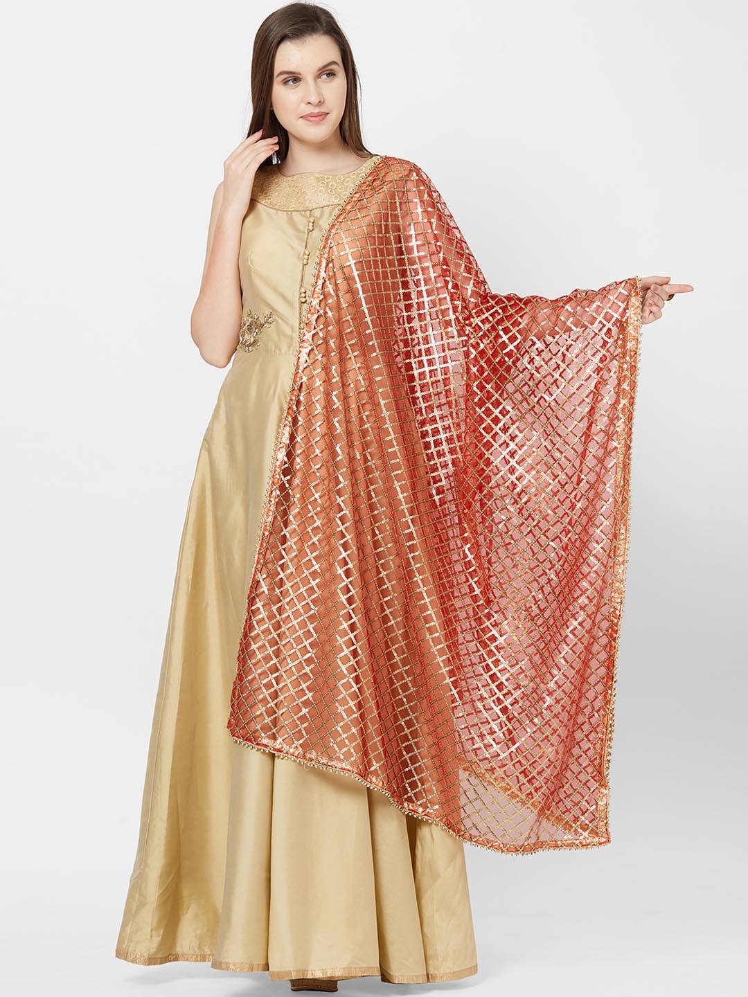 Dupatta Bazaar Red & Gold-Toned Embroidered Dupatta