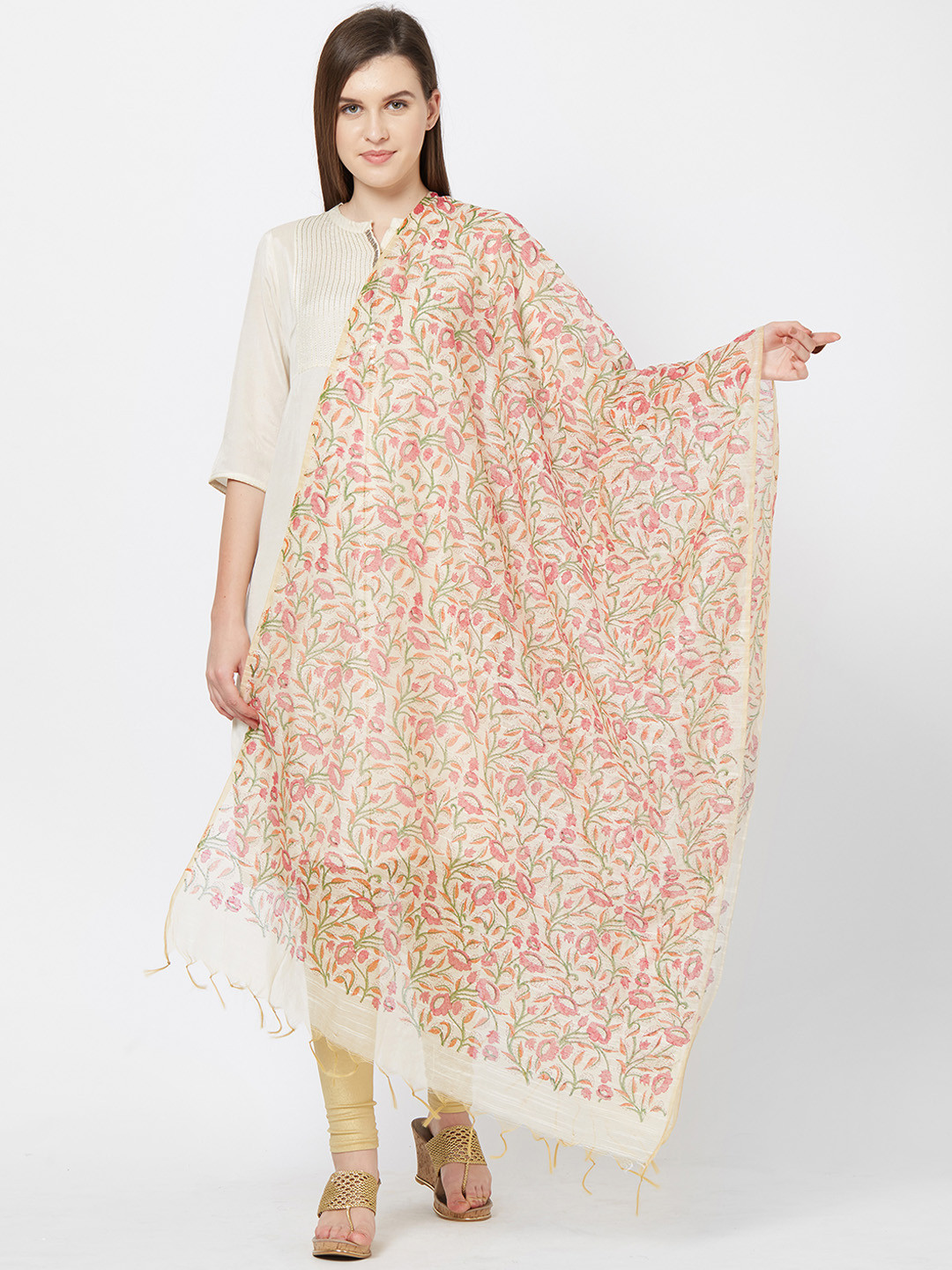 

Dupatta Bazaar Beige & Pink Printed Dupatta