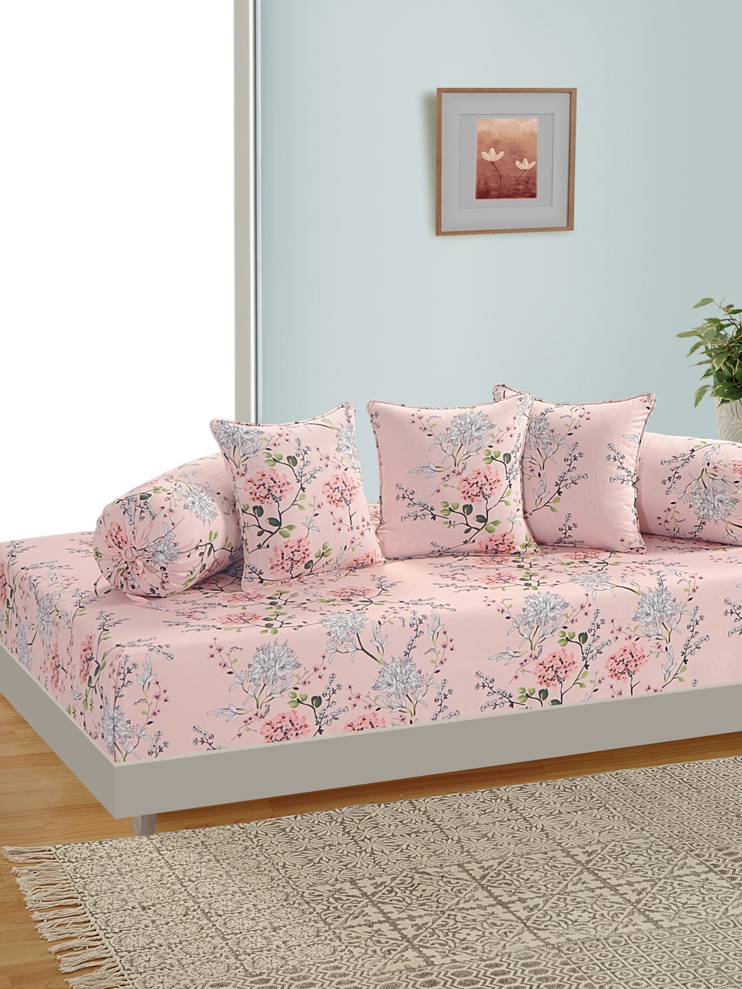 SWAYAM Unisex Set Of 6 Pink & Grey Printed Diwan Set