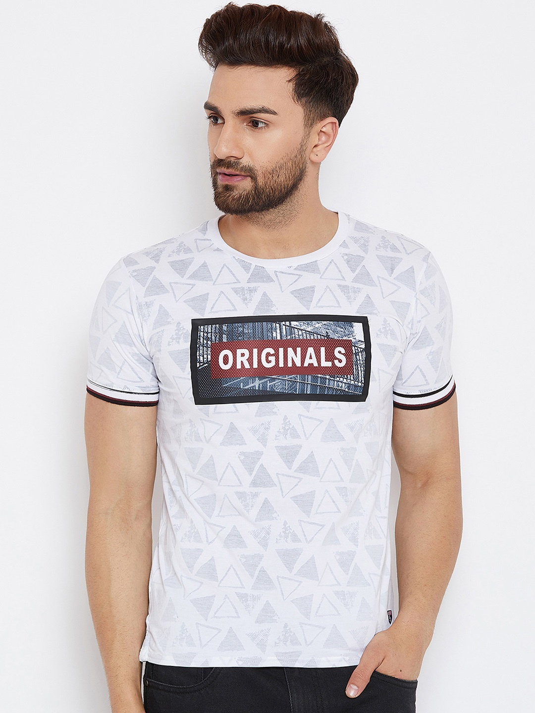 

Duke Men White & Grey Printed Round Neck T-shirt