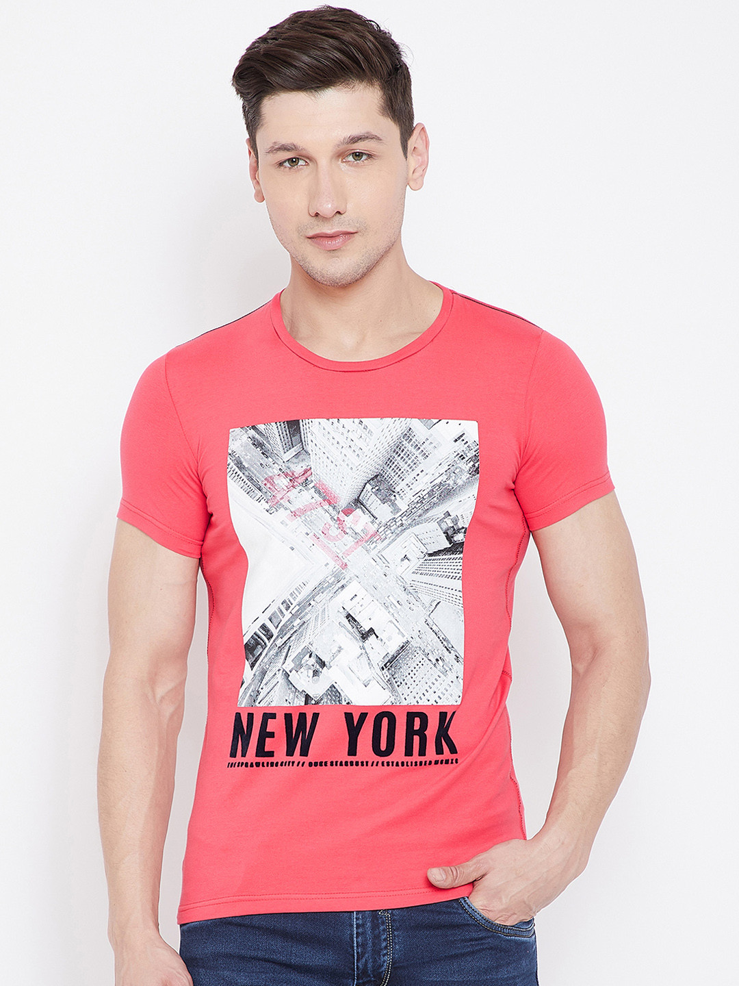 

Duke Men Pink Printed Round Neck T-shirt