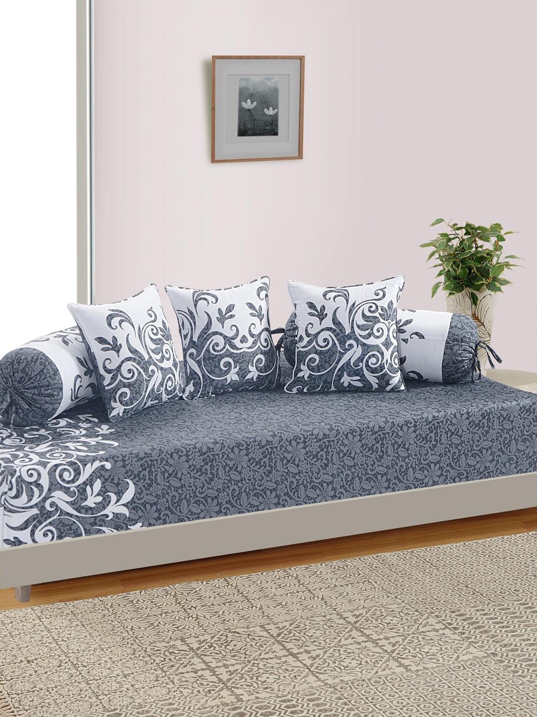 

SWAYAM Unisex Set Of 6 Grey & White Printed Diwan Set