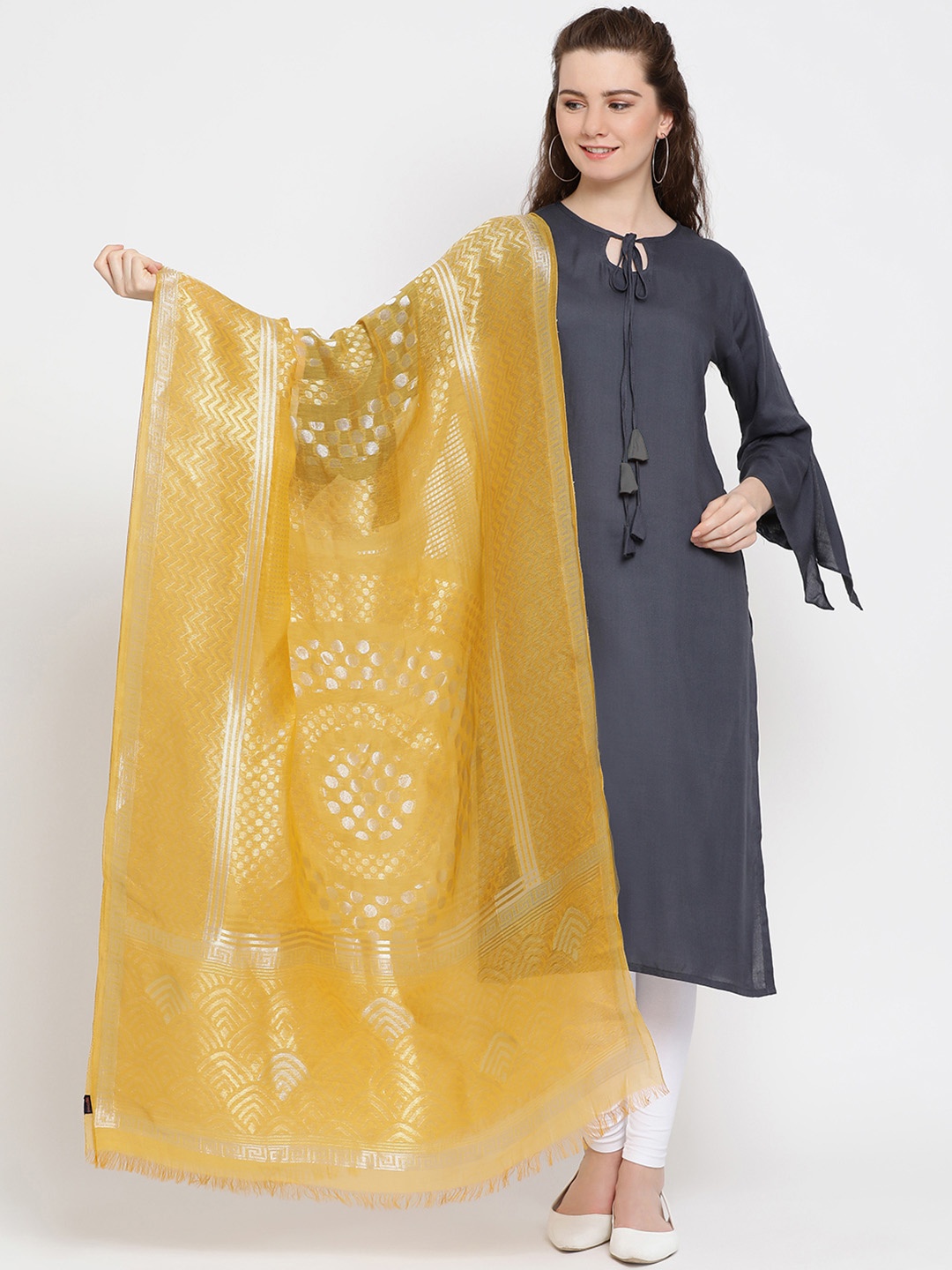 

SHINGORA Yellow Woven Design Antimicrobial Dupatta