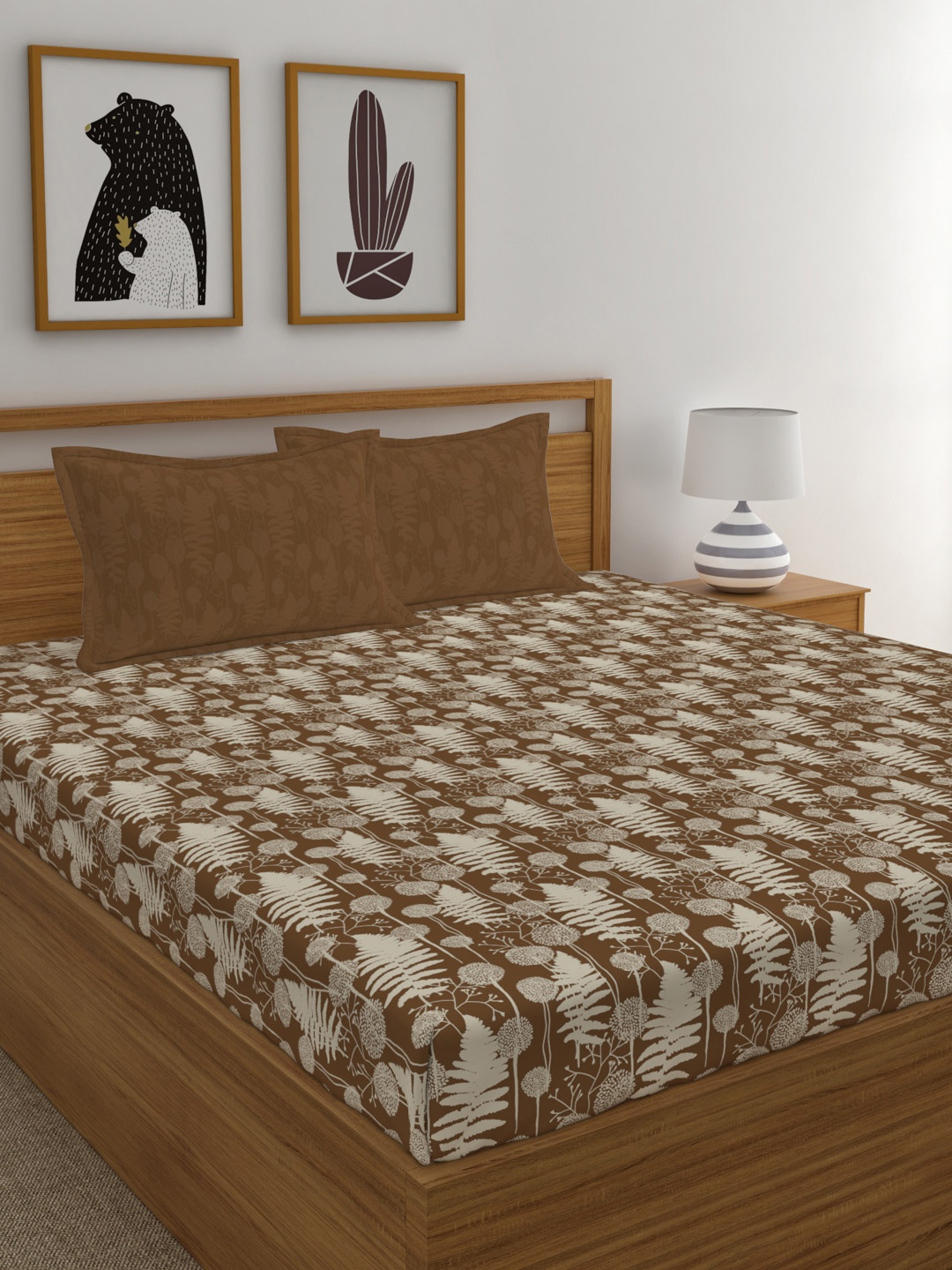 MYTRIDENT Brown Floral 120 TC Cotton 1 Queen Bedsheet with 2 Pillow Covers