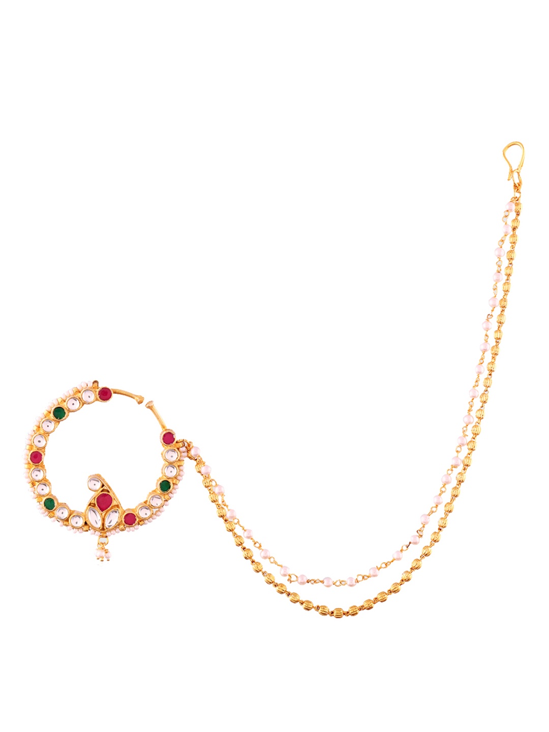 

AccessHer Handcrafted Copper-Toned Bridal Jadau Kundan Nose Ring With Chain, Gold
