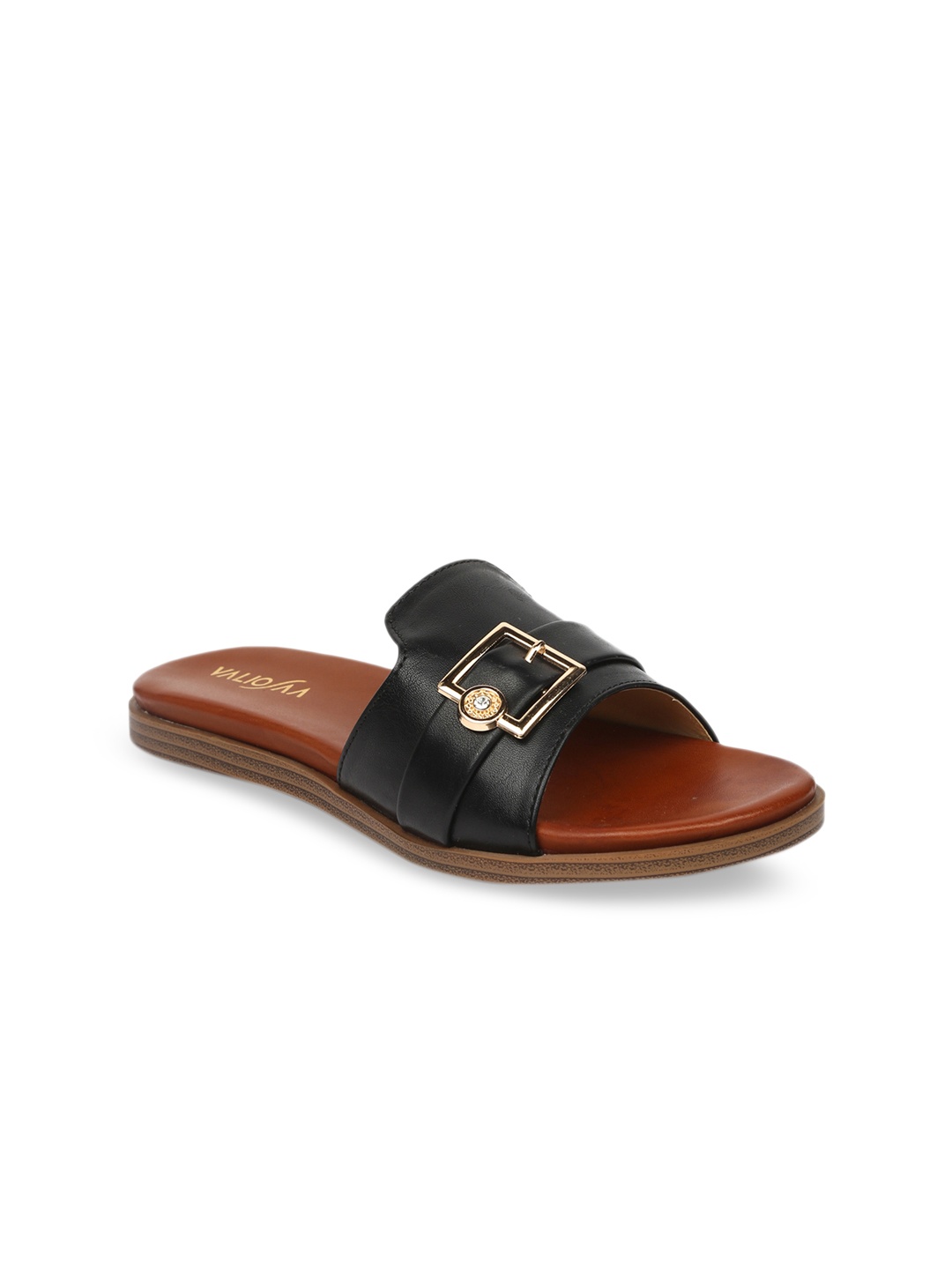 

VALIOSAA Women Black Solid Synthetic Patent Open Toe Flats