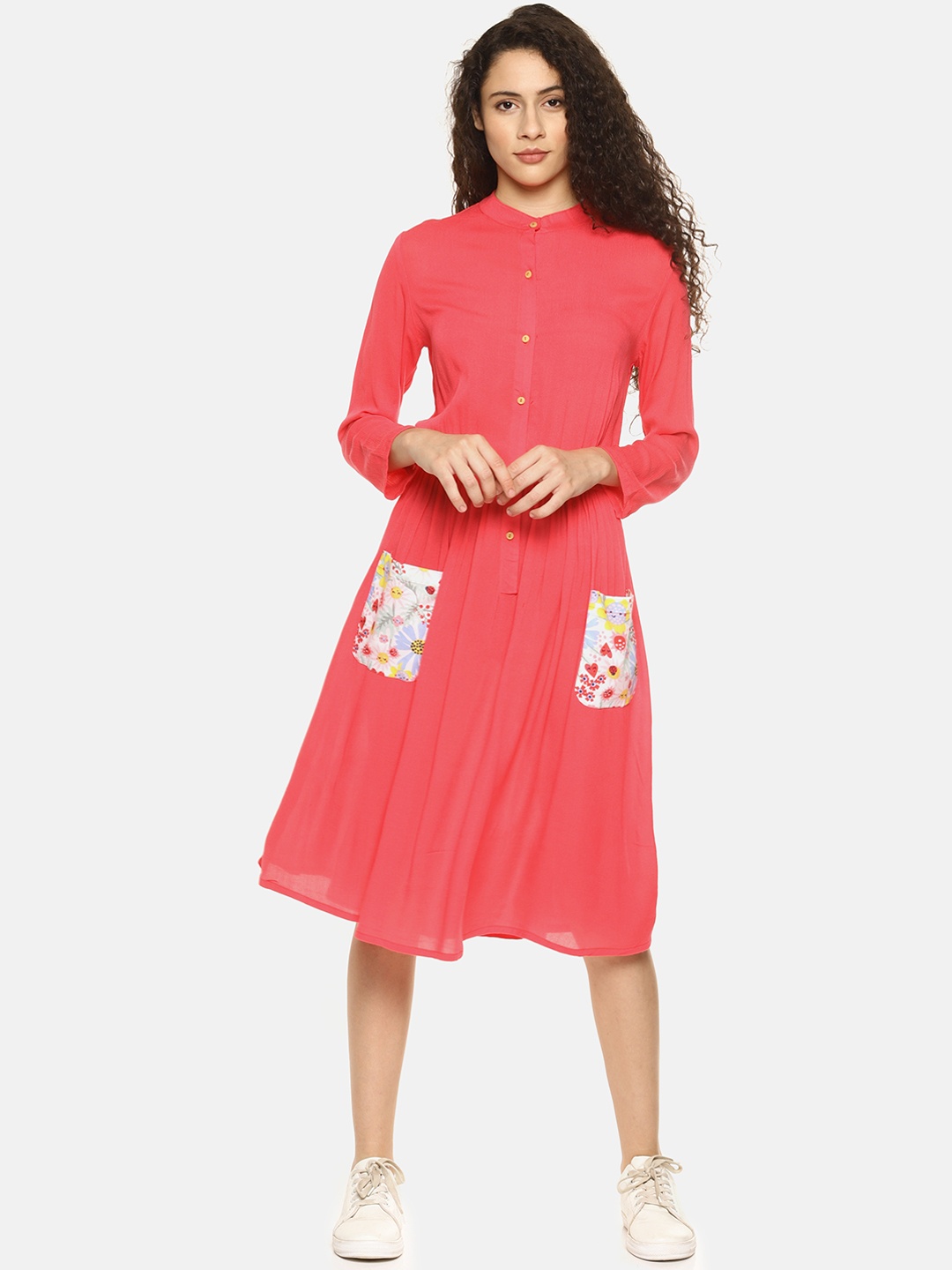 AARA Women Coral Pink Solid A-Line Dress