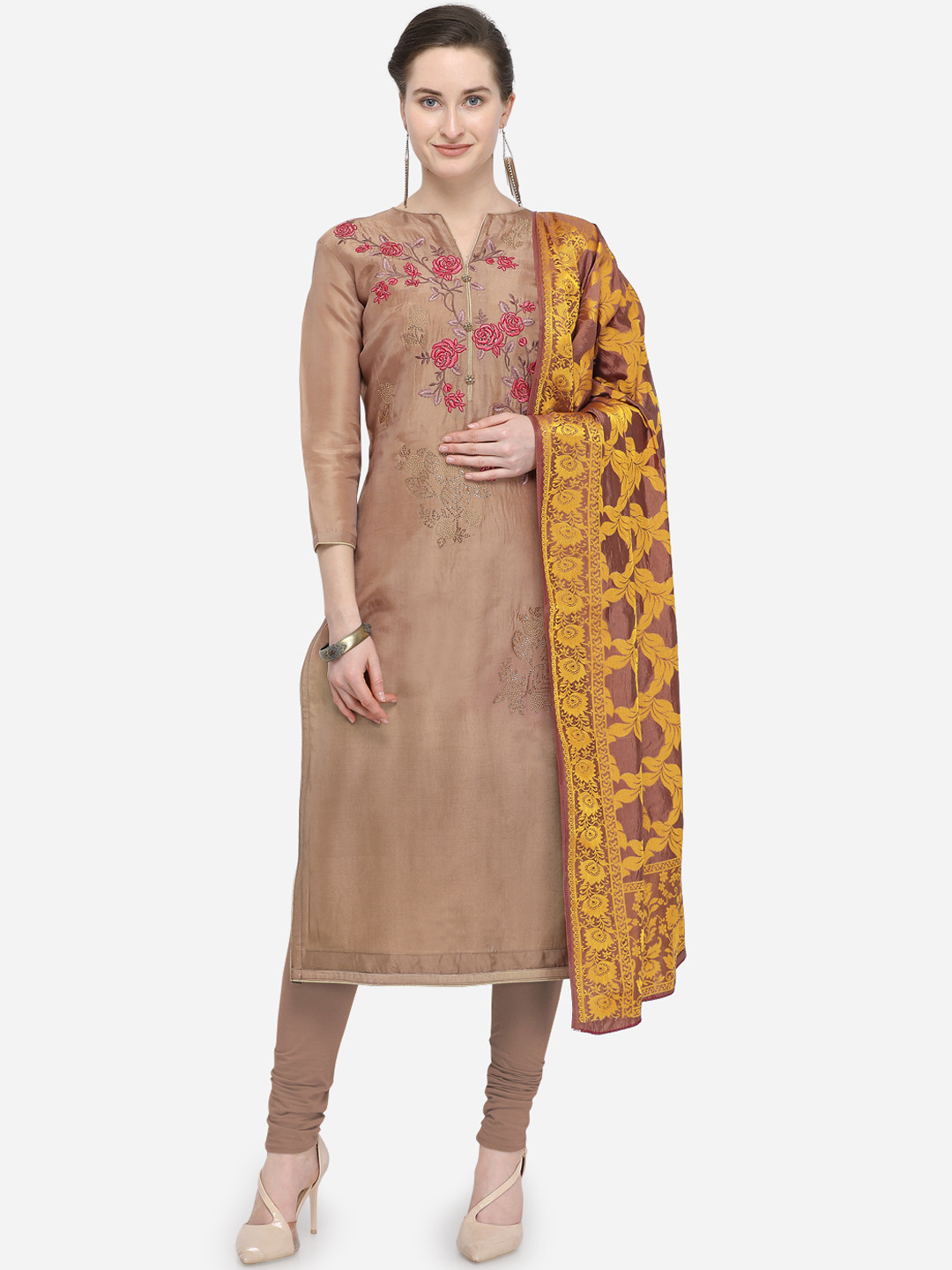

Rajnandini Beige Silk Blend Unstitched Dress Material