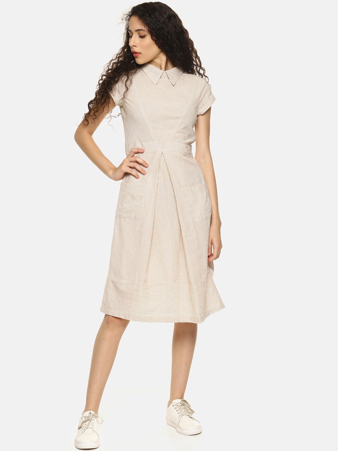 

AARA Women Beige Striped Shirt Dress