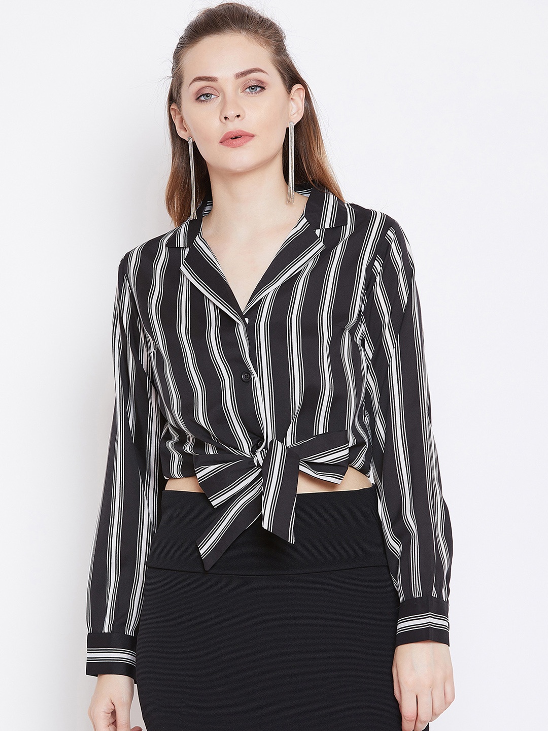

Zastraa Women Black Striped Shirt Style Top