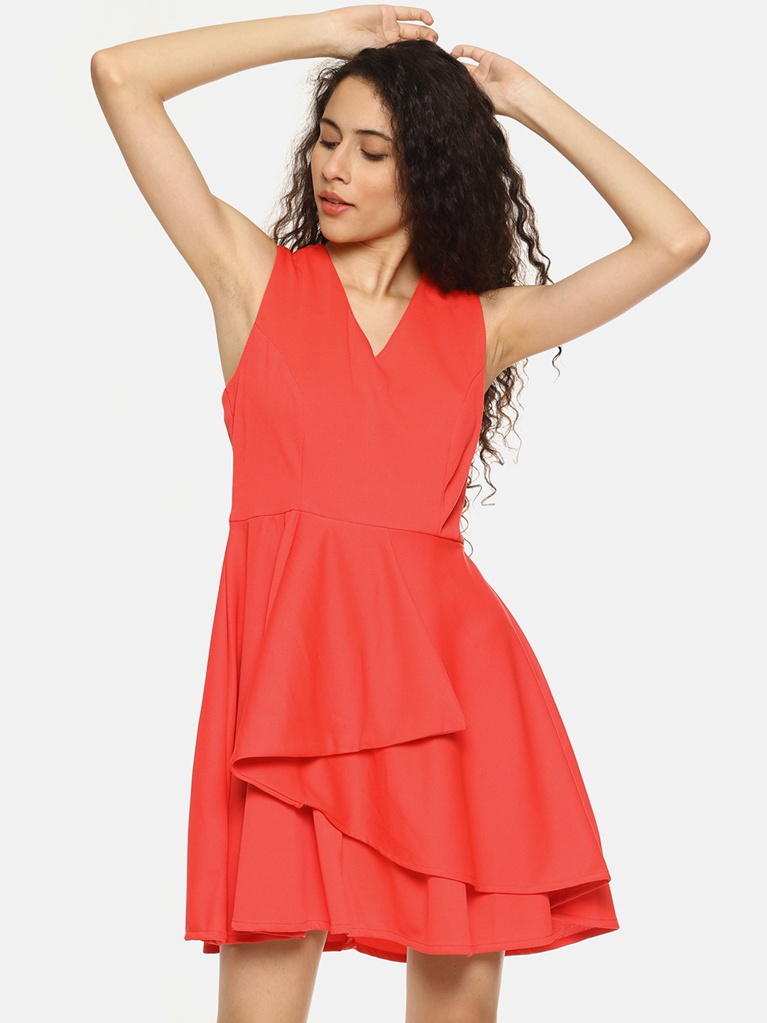 

AARA Women Coral Orange Solid Fit and Flare Dress