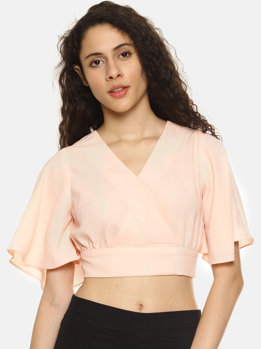 

AARA Women Peach-Coloured Solid Crop Styled Back Top