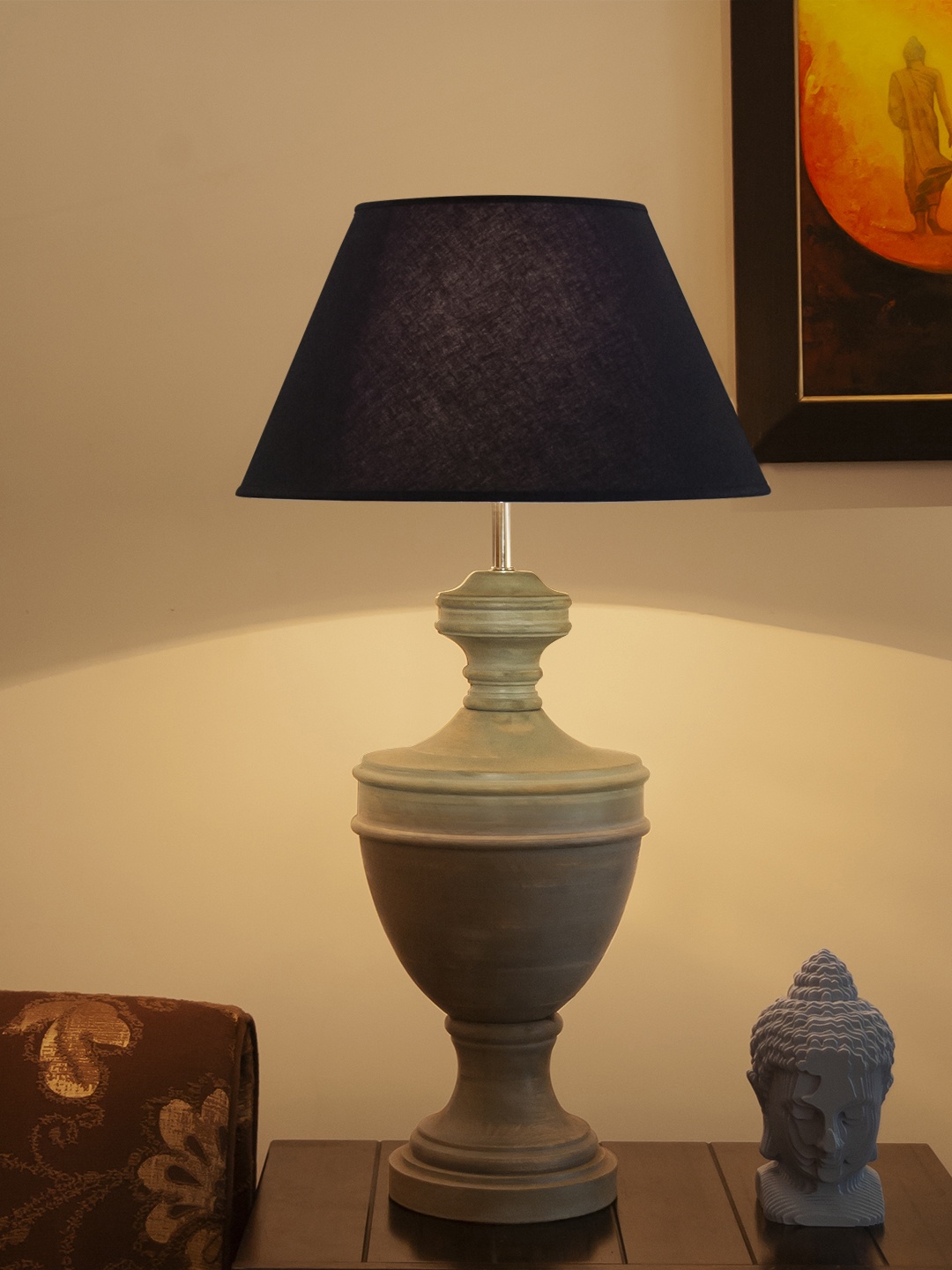 THE LIGHT STORE Grey Self Design Bedside Table Lamp with Shade