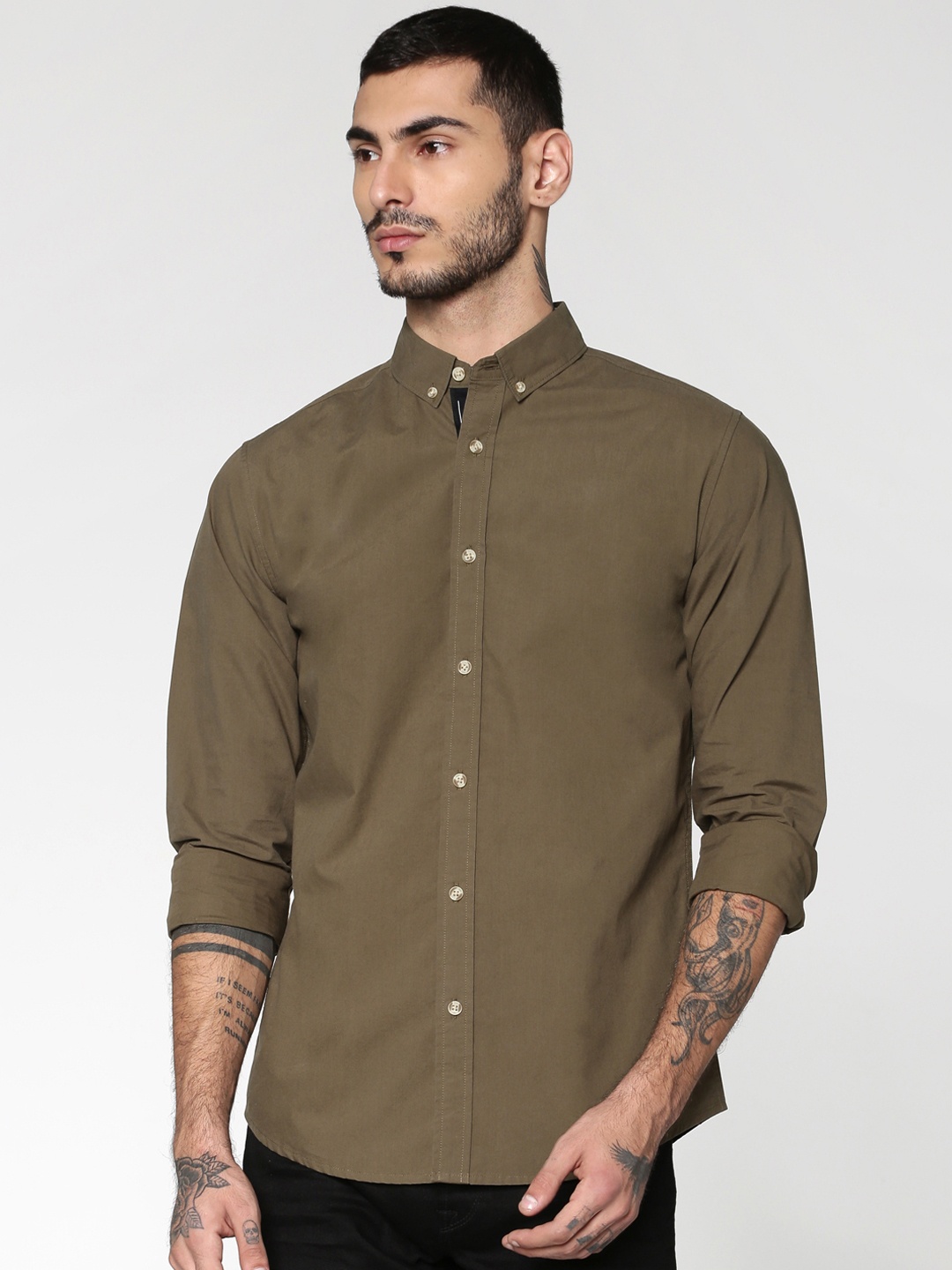 

ONLY & SONS Men Olive Brown Regular Fit Solid Casual Shirt