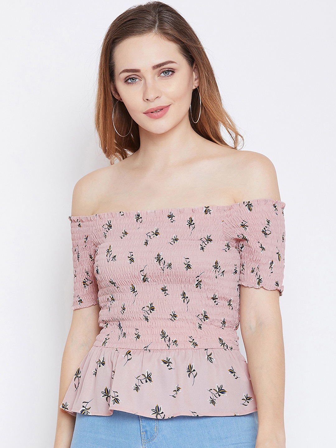 

Zastraa Women Pink Printed Bardot Top
