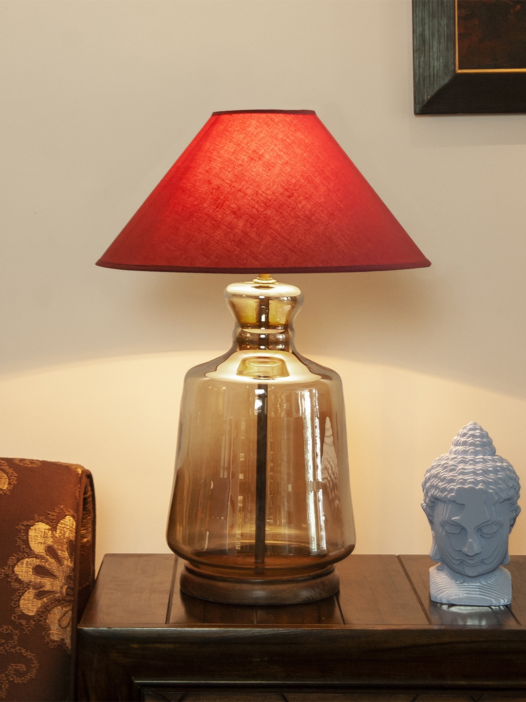 

THE LIGHT STORE Grey & Red Solid Bedside Standard Table Lamp with Shade