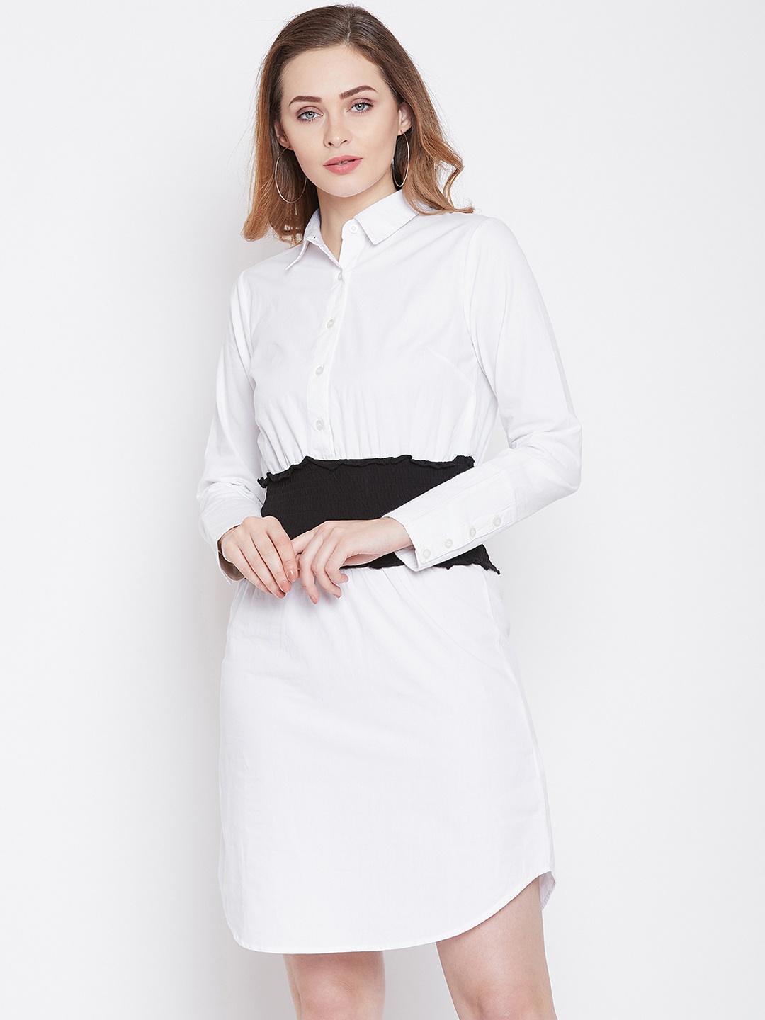 Zastraa Women White & Black Colourblocked Shirt Dress