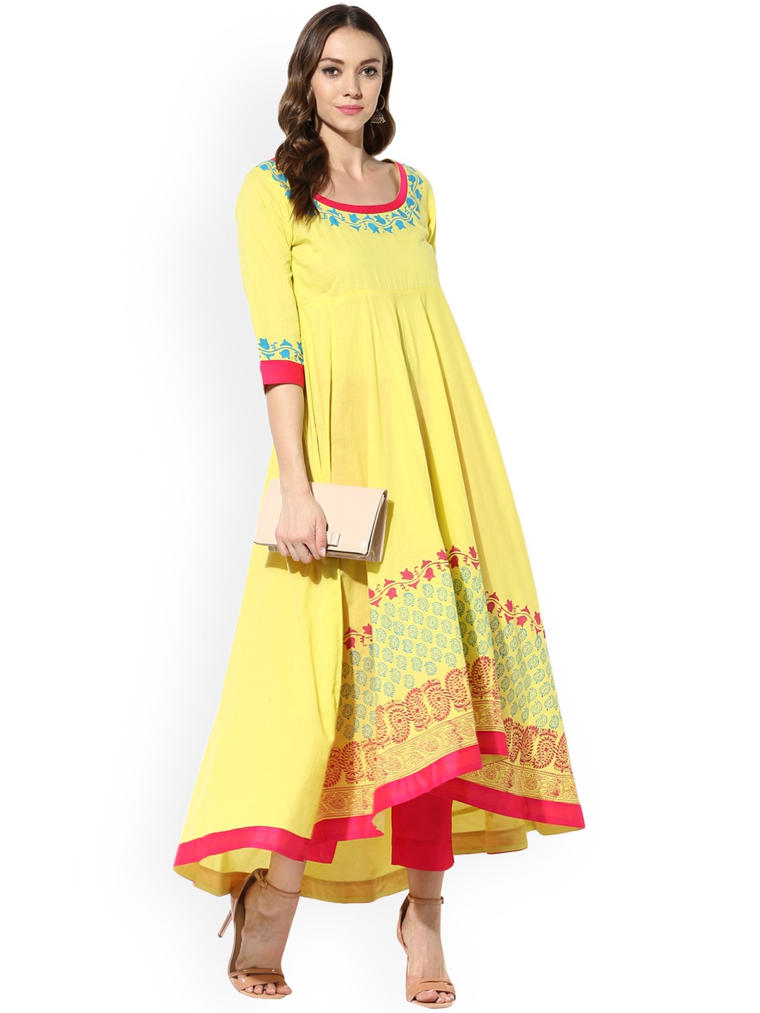 

MBE Women Yellow & Pink Block Print Kurta with Trousers
