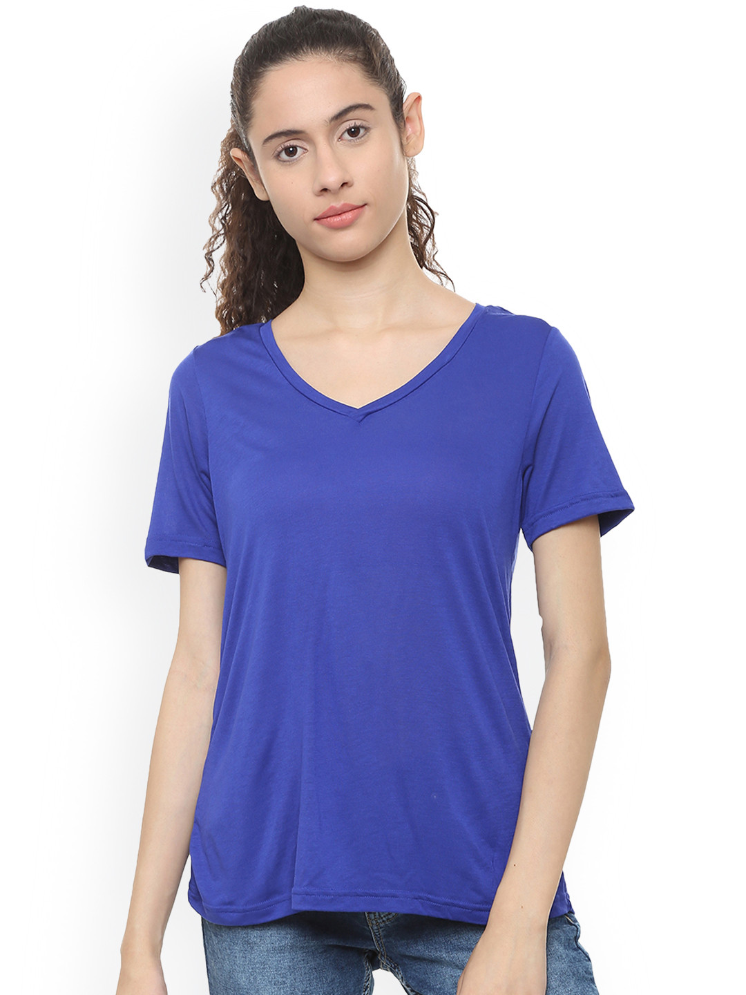 

Van Heusen Woman Women Blue Solid V-Neck Pure Cotton T-shirt