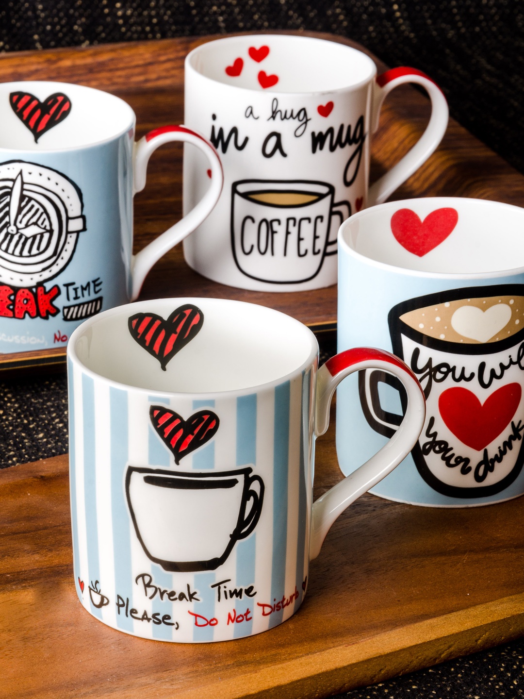 

GOODHOMES Off-White & Blue 4-Pieces Printed Bone China Cups Set