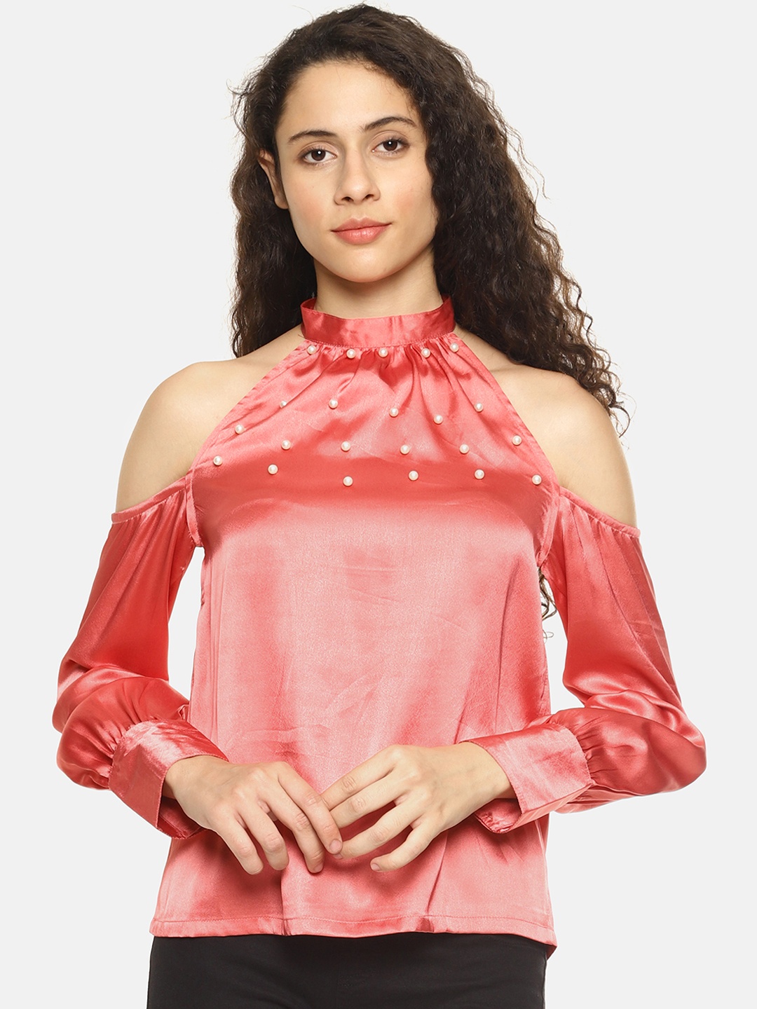 

AARA Women Coral Red Solid Styled Back Top