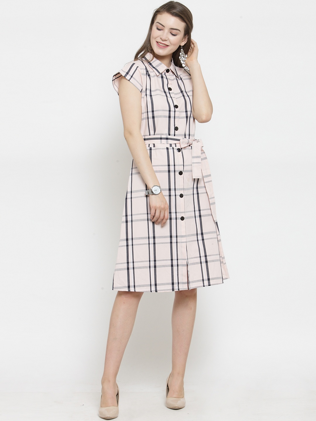 

WESTCLO Women Pink & Black Checked Shirt Dress