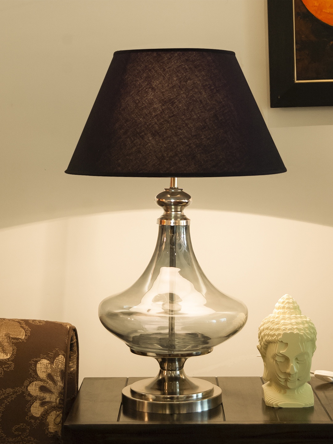 THE LIGHT STORE Blue & Black Solid Bedside Standard Table Lamp with Shade