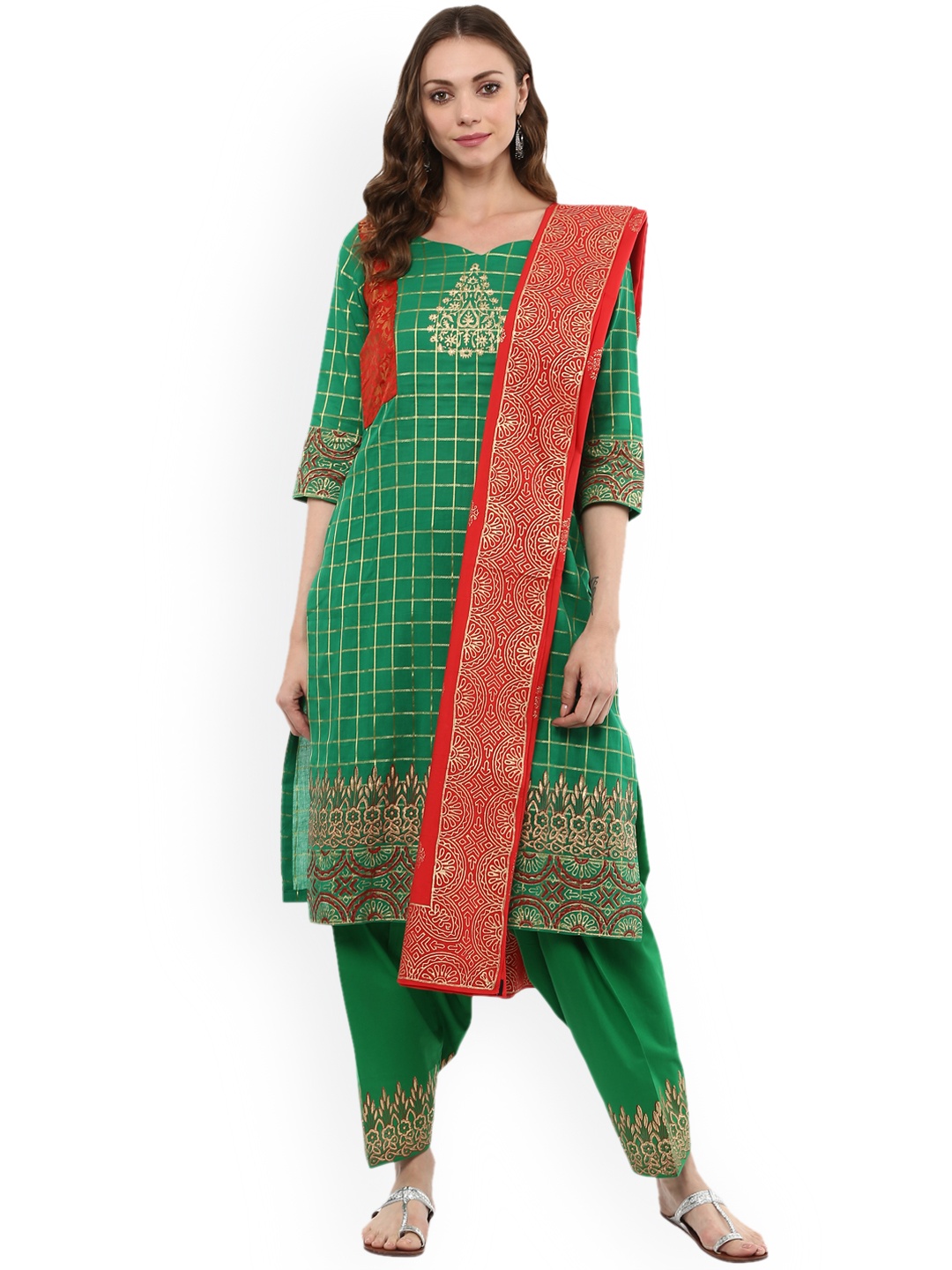 

MBE Women Green & Golden Printed Kurta with Salwar & Dupatta