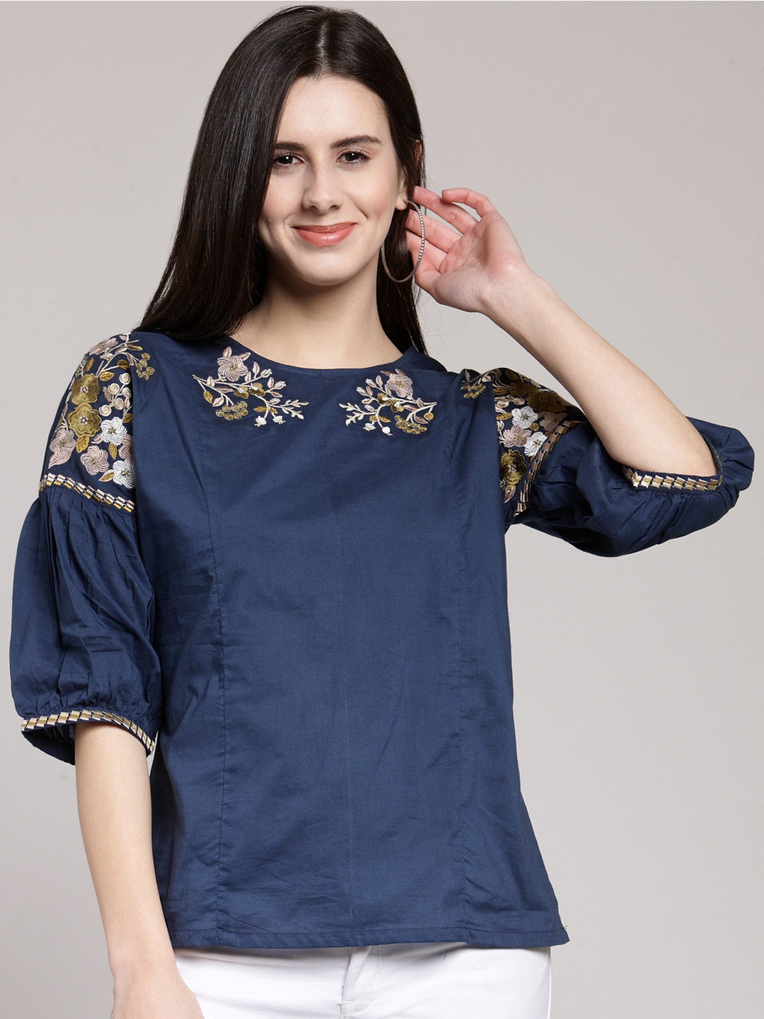 

plusS Women Navy Blue Embroidered Top