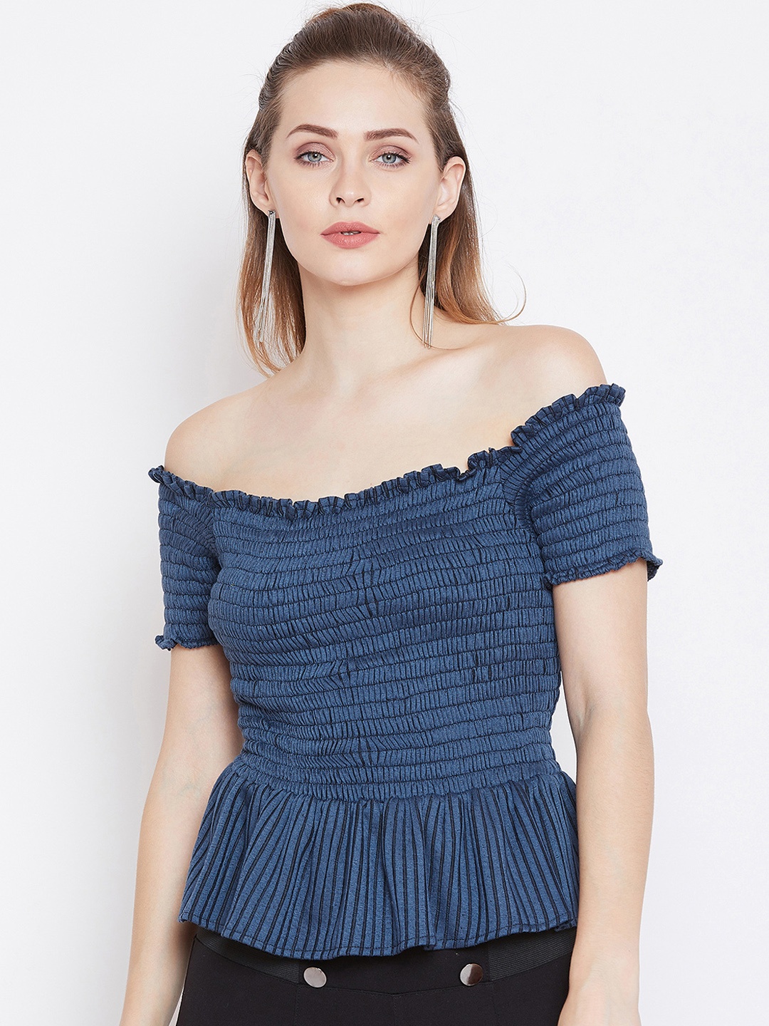 

Zastraa Women Navy Blue Striped Bardot Top